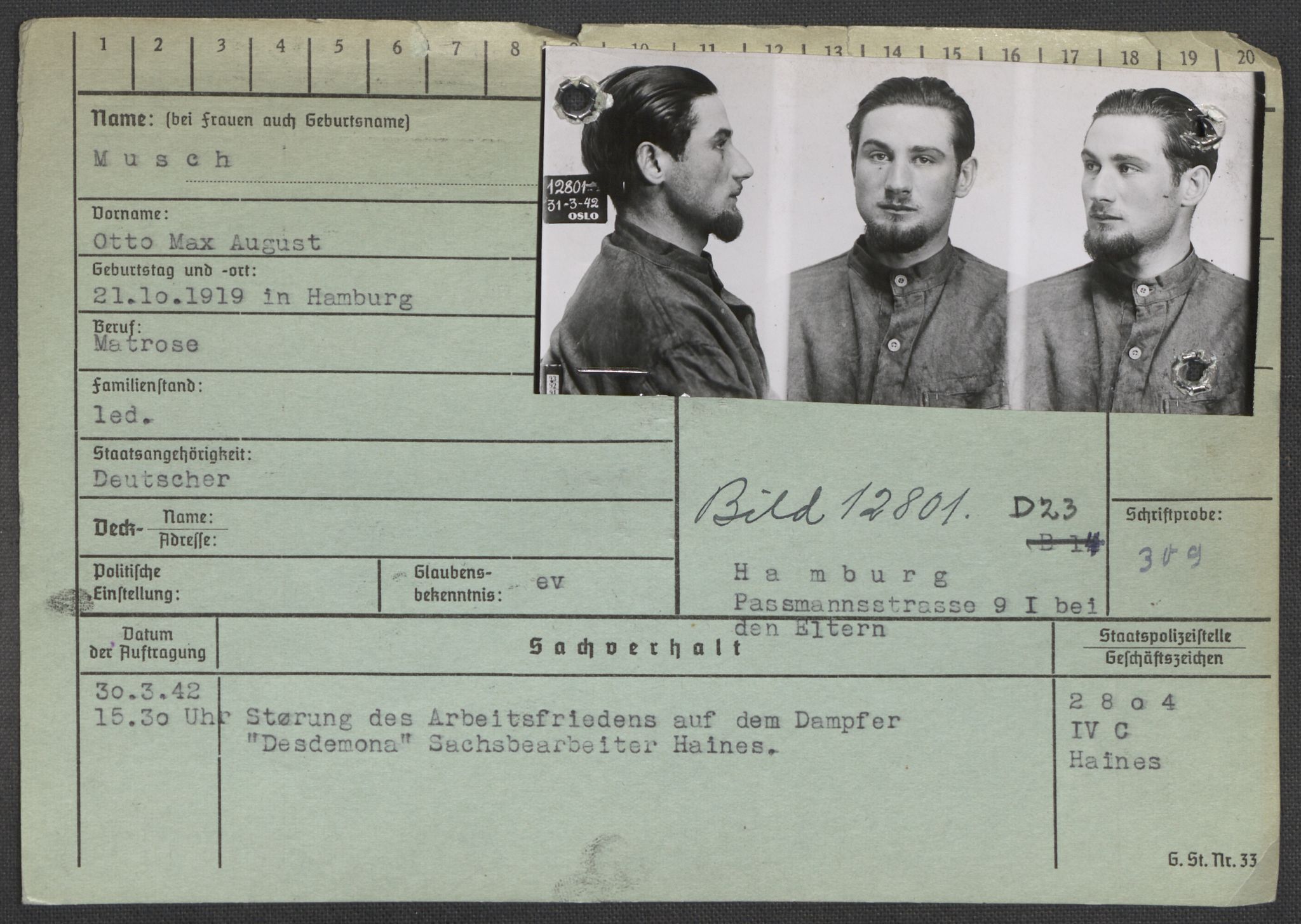 Befehlshaber der Sicherheitspolizei und des SD, RA/RAFA-5969/E/Ea/Eaa/L0007: Register over norske fanger i Møllergata 19: Lundb-N, 1940-1945, s. 874