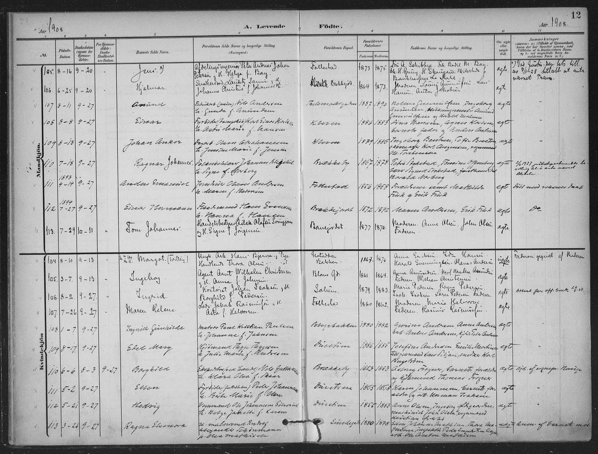 Skien kirkebøker, AV/SAKO-A-302/F/Fa/L0012: Ministerialbok nr. 12, 1908-1914, s. 12