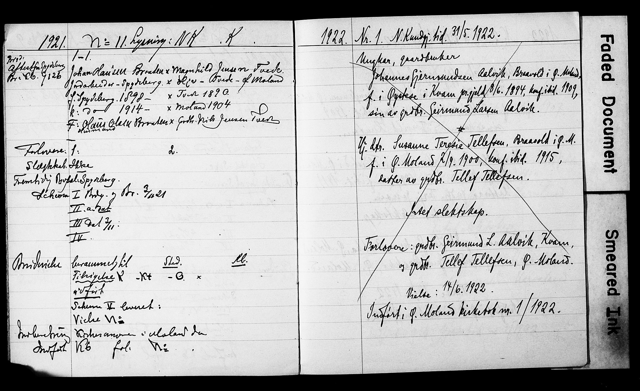 Austre Moland sokneprestkontor, SAK/1111-0001/F/Fe/L0002: Lysningsprotokoll nr. A VI 11A, 1920-1922