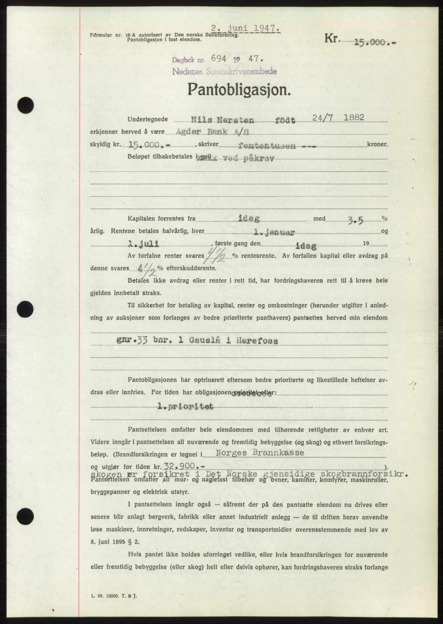 Nedenes sorenskriveri, SAK/1221-0006/G/Gb/Gbb/L0004: Pantebok nr. B4, 1947-1947, Dagboknr: 694/1947