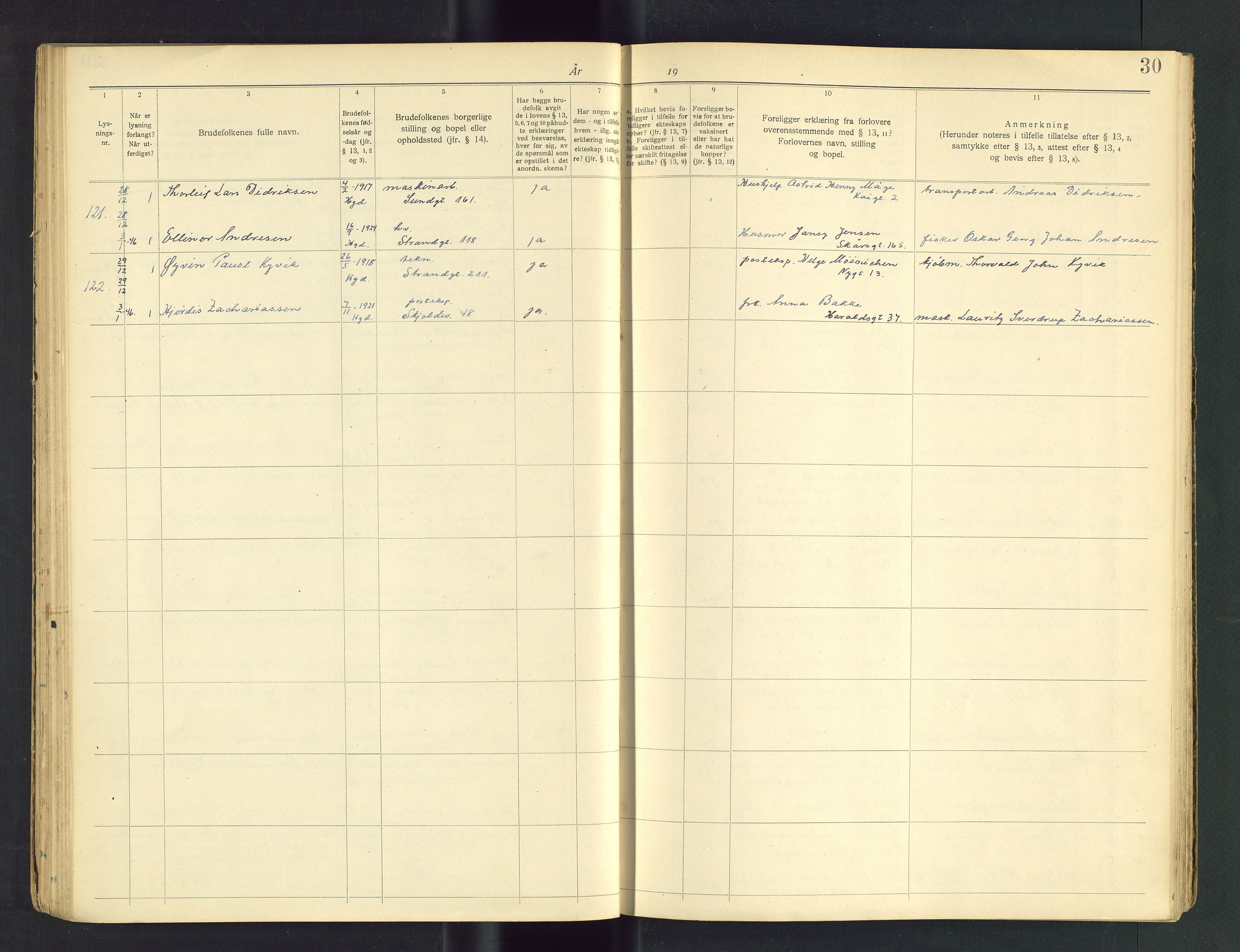 Haugesund sokneprestkontor, SAST/A -101863/I/Ie/L0015: Lysningsprotokoll nr. 15, 1941-1948, s. 30