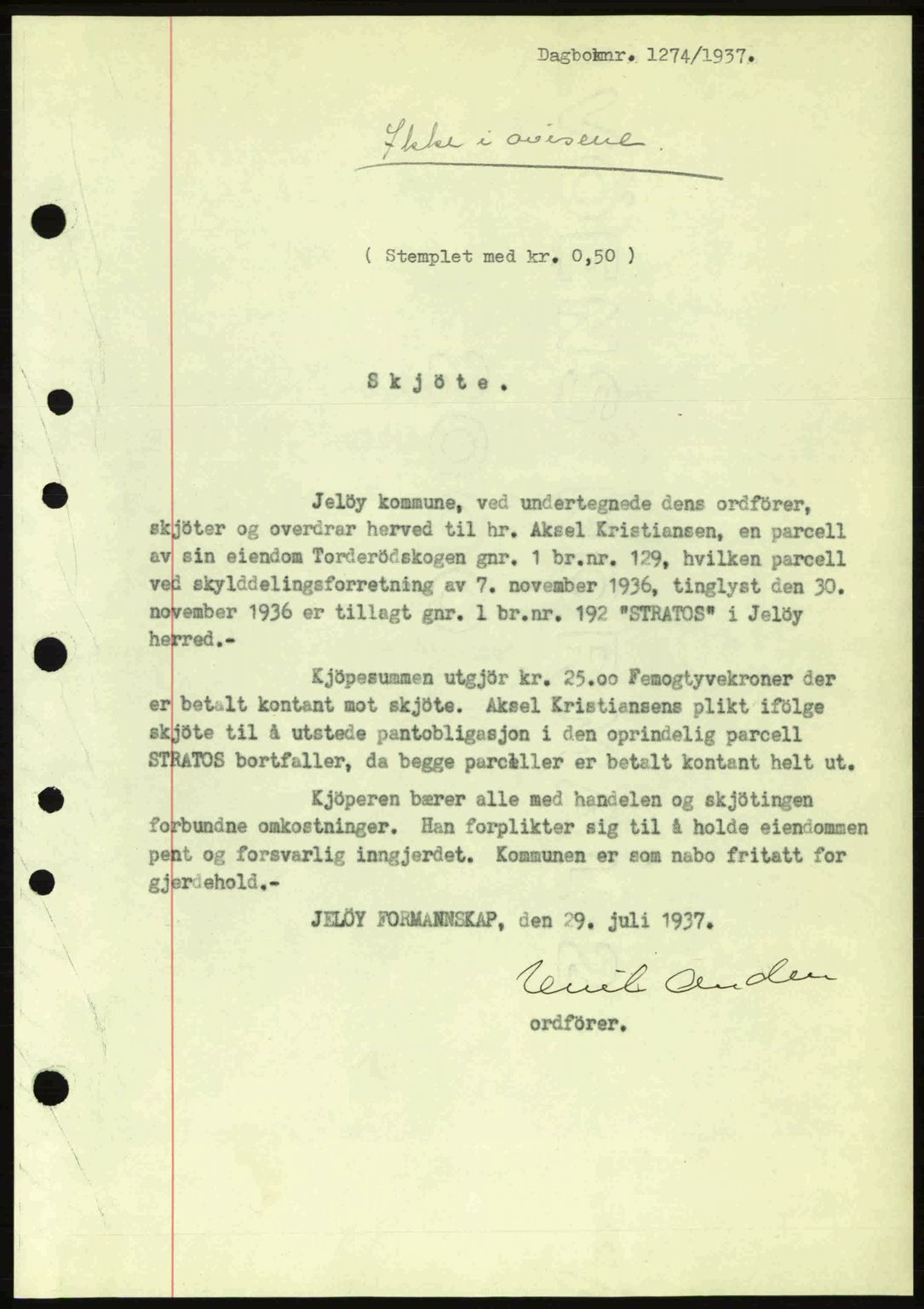 Moss sorenskriveri, SAO/A-10168: Pantebok nr. A3, 1937-1938, Dagboknr: 1274/1937