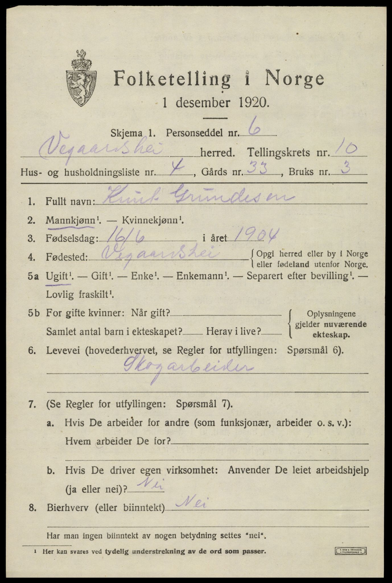 SAK, Folketelling 1920 for 0912 Vegårshei herred, 1920, s. 3334