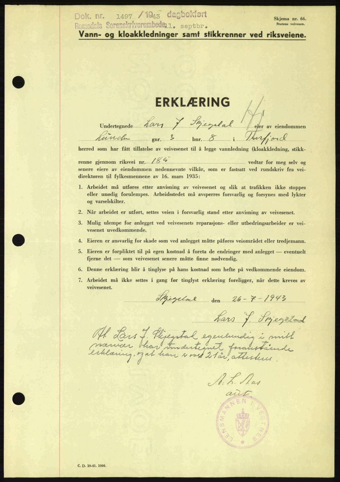 Romsdal sorenskriveri, SAT/A-4149/1/2/2C: Pantebok nr. B2, 1939-1945, Dagboknr: 1497/1943