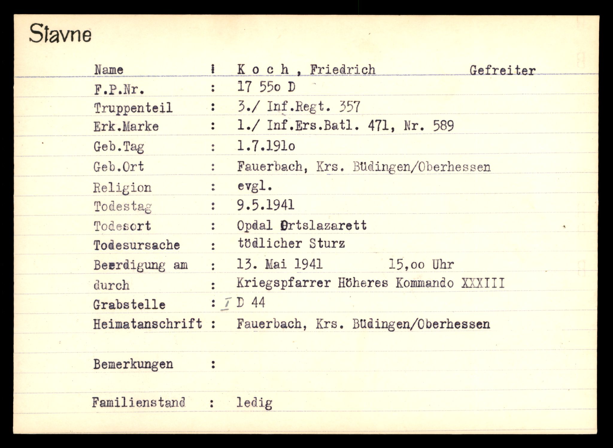 Distriktskontoret for krigsgraver, AV/SAT-A-5030/E/L0003: Kasett/kartotek over tysk Krigskirkegård Stavne, 1945, s. 703