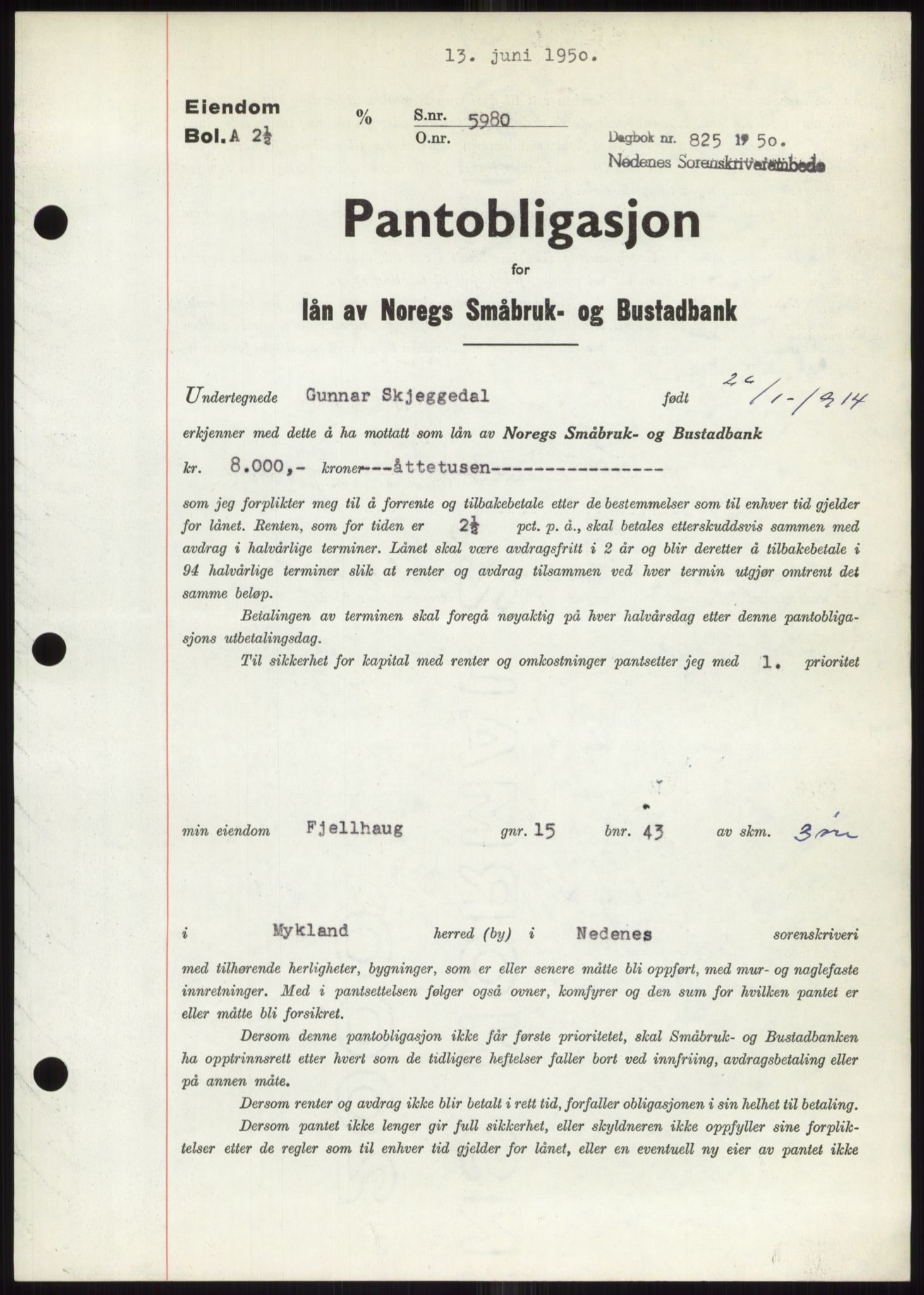 Nedenes sorenskriveri, AV/SAK-1221-0006/G/Gb/Gbb/L0007: Pantebok nr. B7, 1949-1950, Dagboknr: 825/1950