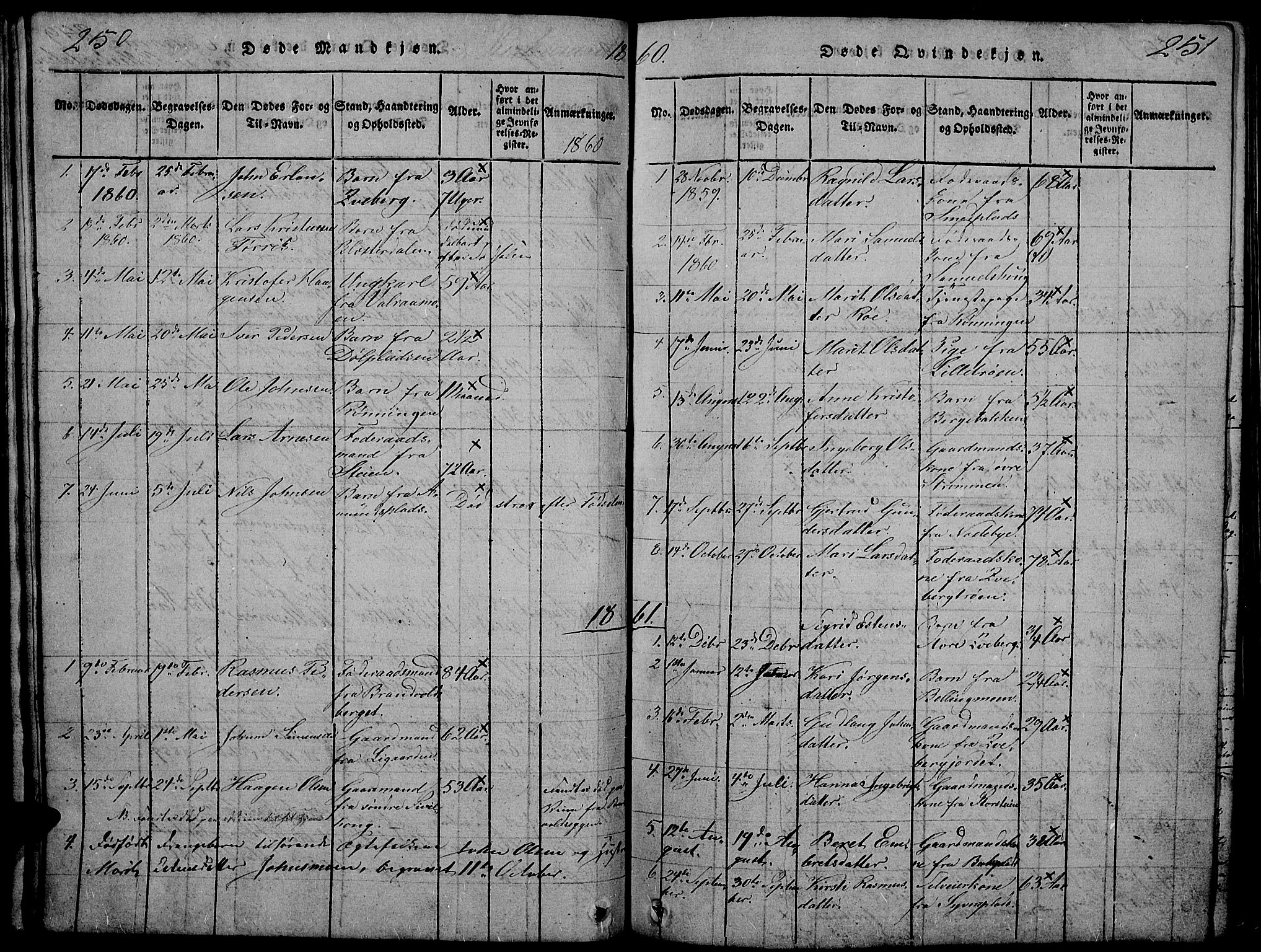 Tynset prestekontor, AV/SAH-PREST-058/H/Ha/Hab/L0002: Klokkerbok nr. 2, 1814-1862, s. 250-251
