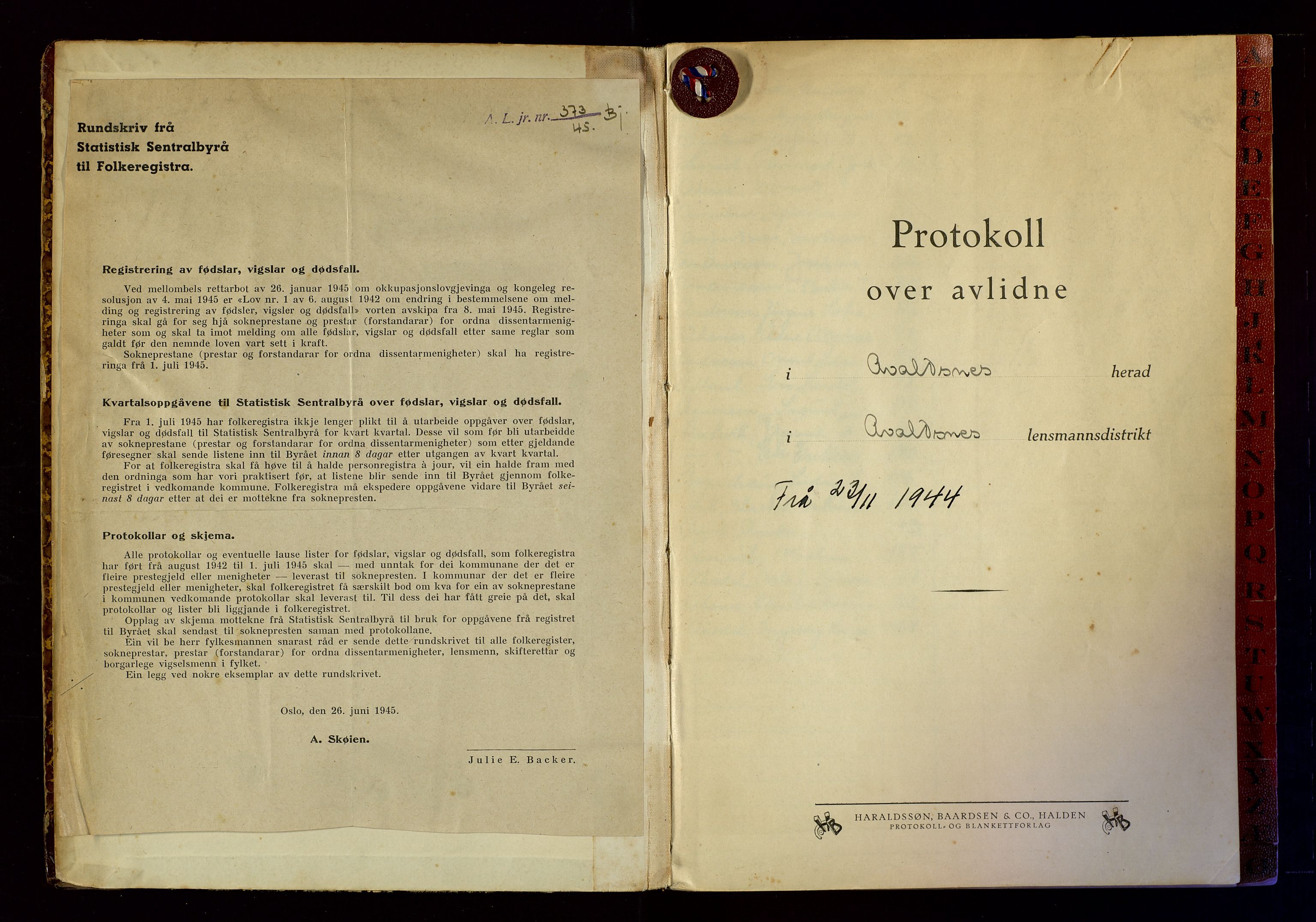 Avaldsnes lensmannskontor, AV/SAST-A-100286/Gga/L0005: Dødsfallsprotokoll for Avaldsnes herred, 1944-1955