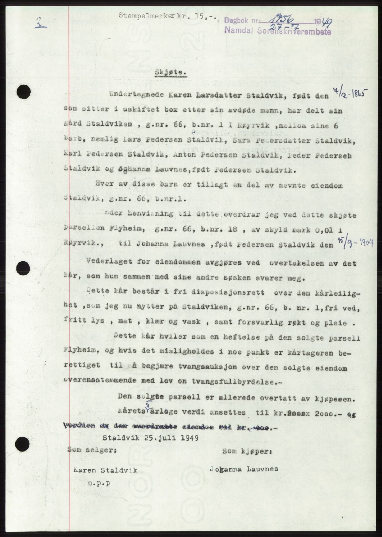 Namdal sorenskriveri, SAT/A-4133/1/2/2C: Pantebok nr. -, 1949-1949, Dagboknr: 1756/1949