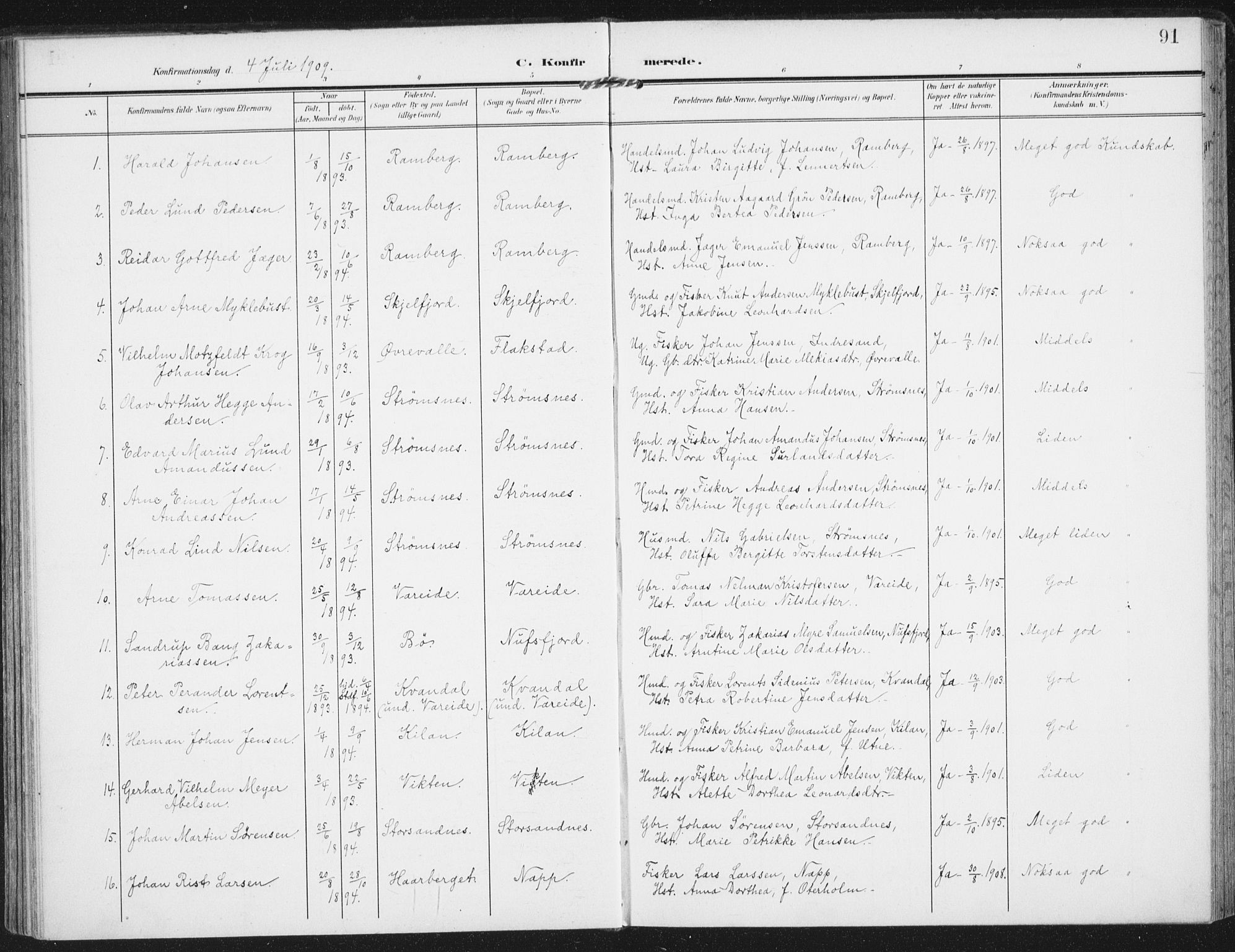 Ministerialprotokoller, klokkerbøker og fødselsregistre - Nordland, AV/SAT-A-1459/885/L1206: Ministerialbok nr. 885A07, 1905-1915, s. 91