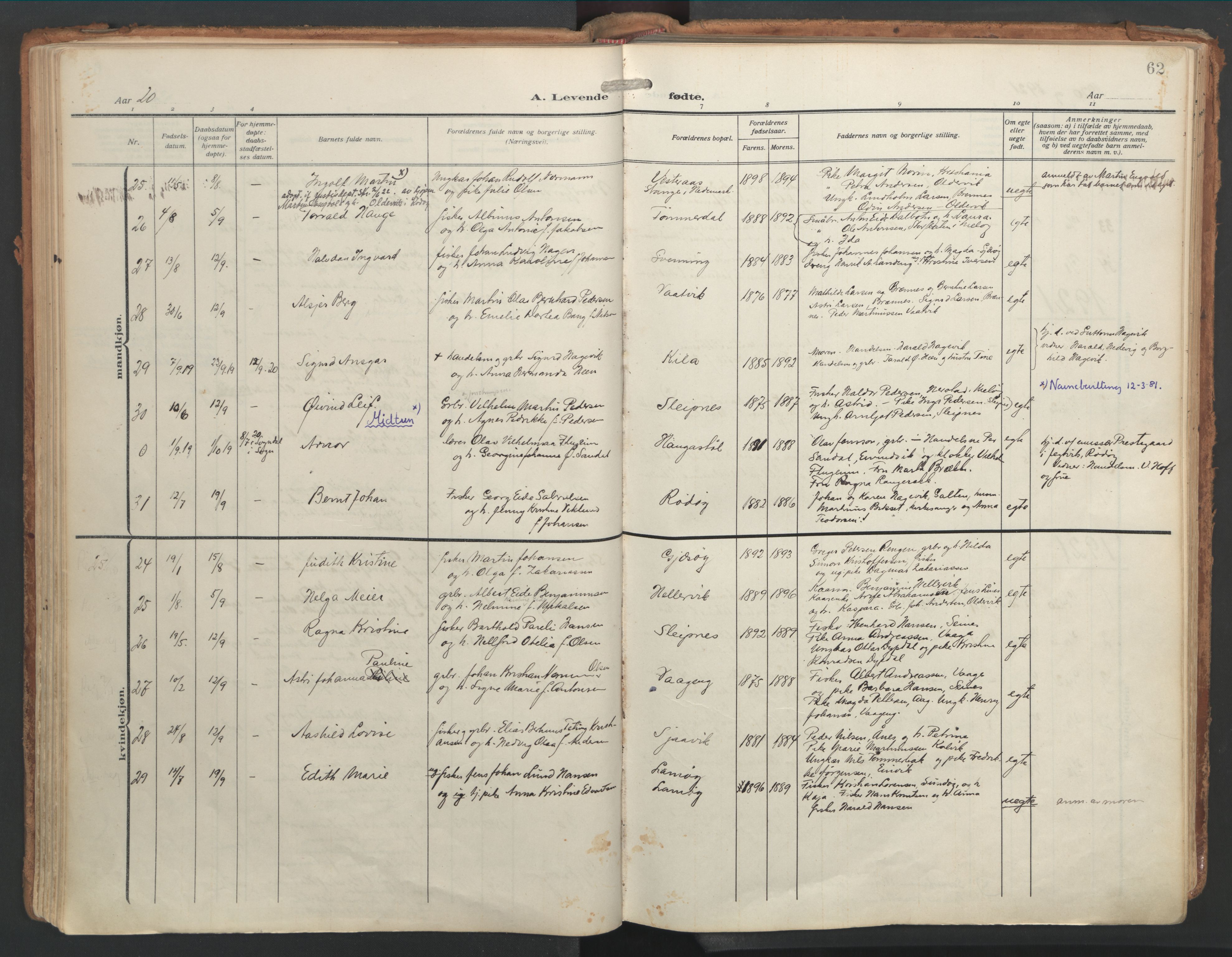Ministerialprotokoller, klokkerbøker og fødselsregistre - Nordland, AV/SAT-A-1459/841/L0614: Ministerialbok nr. 841A17, 1911-1925, s. 62