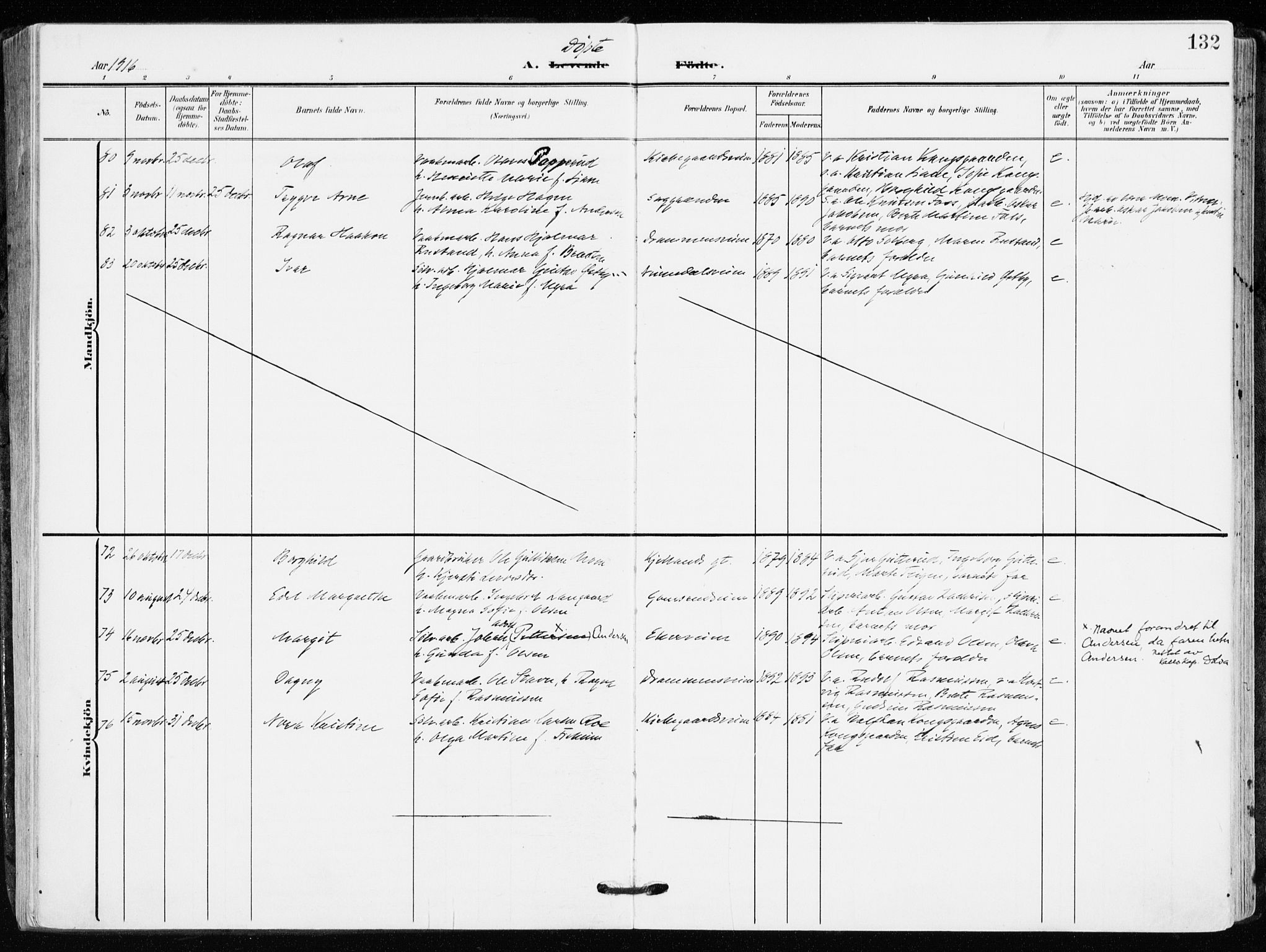 Kongsberg kirkebøker, AV/SAKO-A-22/F/Fb/L0004: Ministerialbok nr. II 4, 1906-1918, s. 132