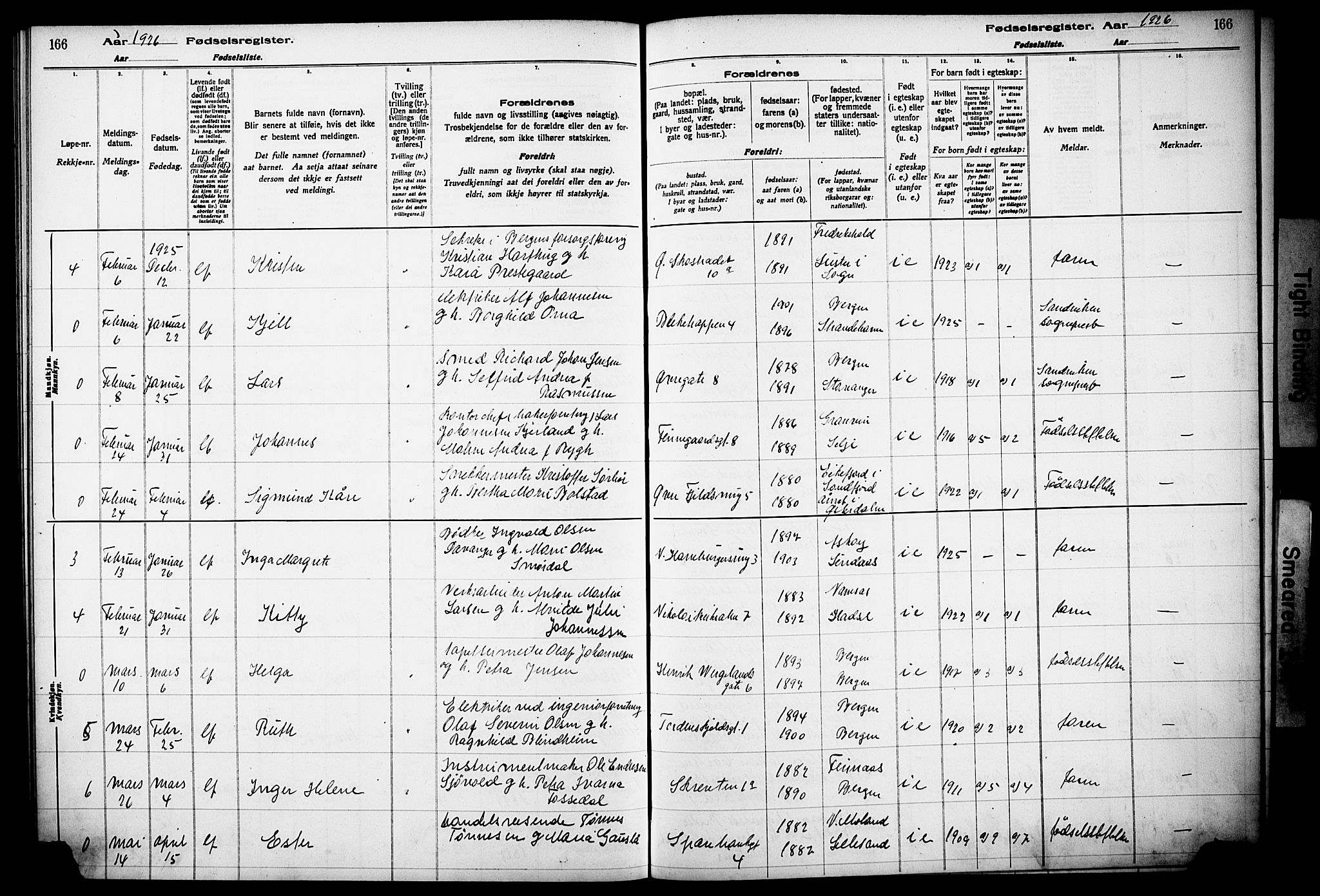 Korskirken sokneprestembete, SAB/A-76101/I/Id/L00A1: Fødselsregister nr. A 1, 1916-1929, s. 166