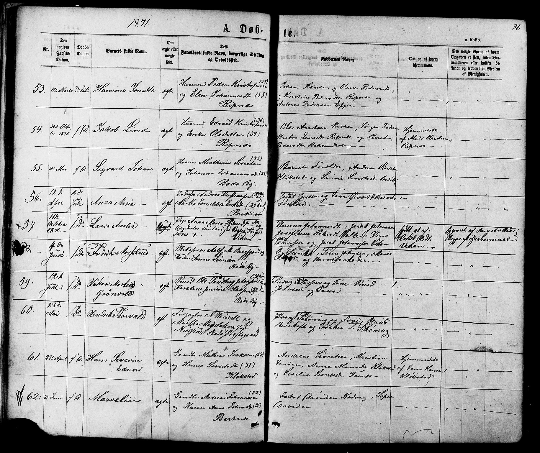 Ministerialprotokoller, klokkerbøker og fødselsregistre - Nordland, AV/SAT-A-1459/801/L0029: Klokkerbok nr. 801C04, 1868-1878, s. 36