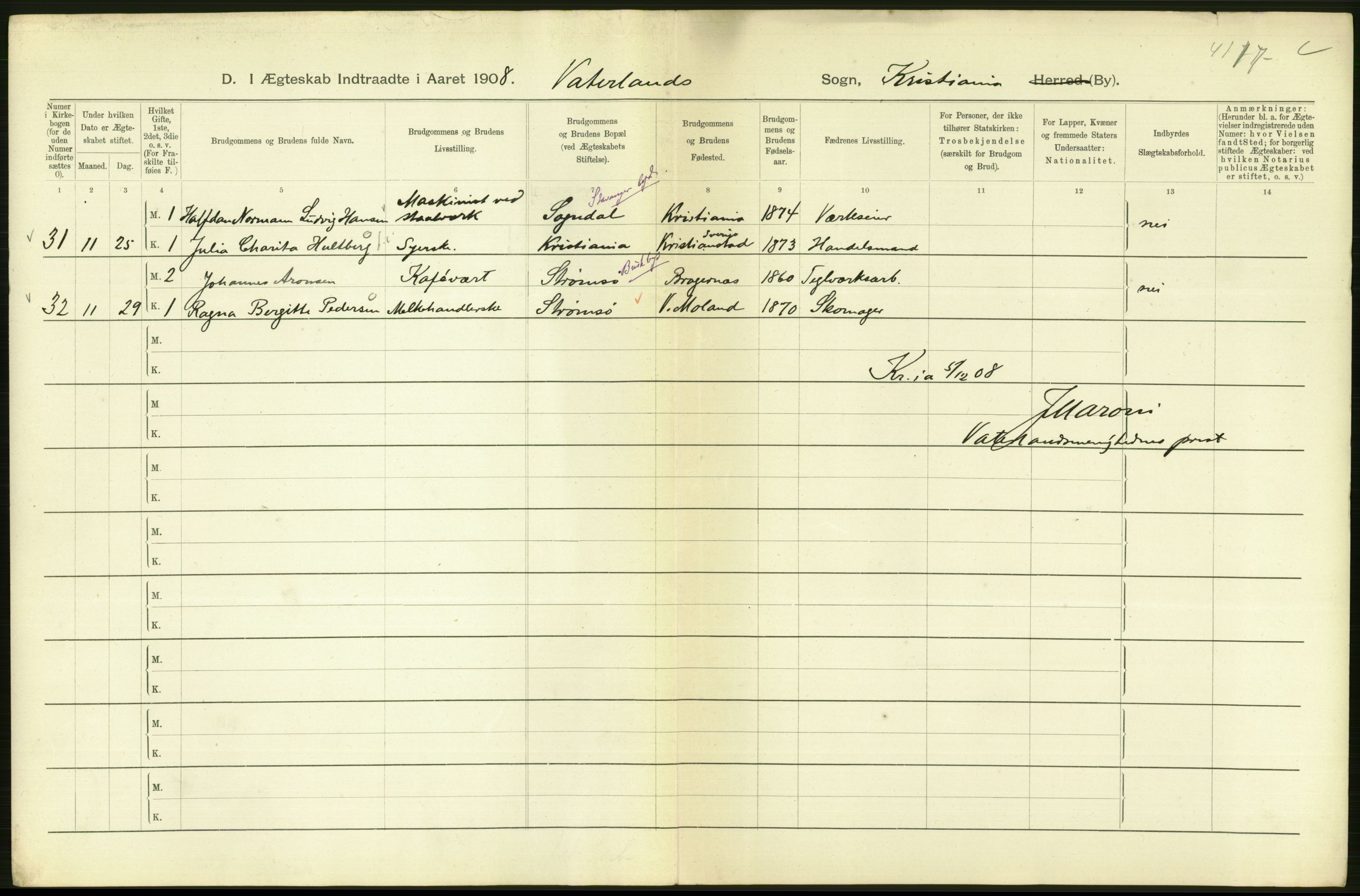 Statistisk sentralbyrå, Sosiodemografiske emner, Befolkning, AV/RA-S-2228/D/Df/Dfa/Dfaf/L0007: Kristiania: Gifte, 1908, s. 68