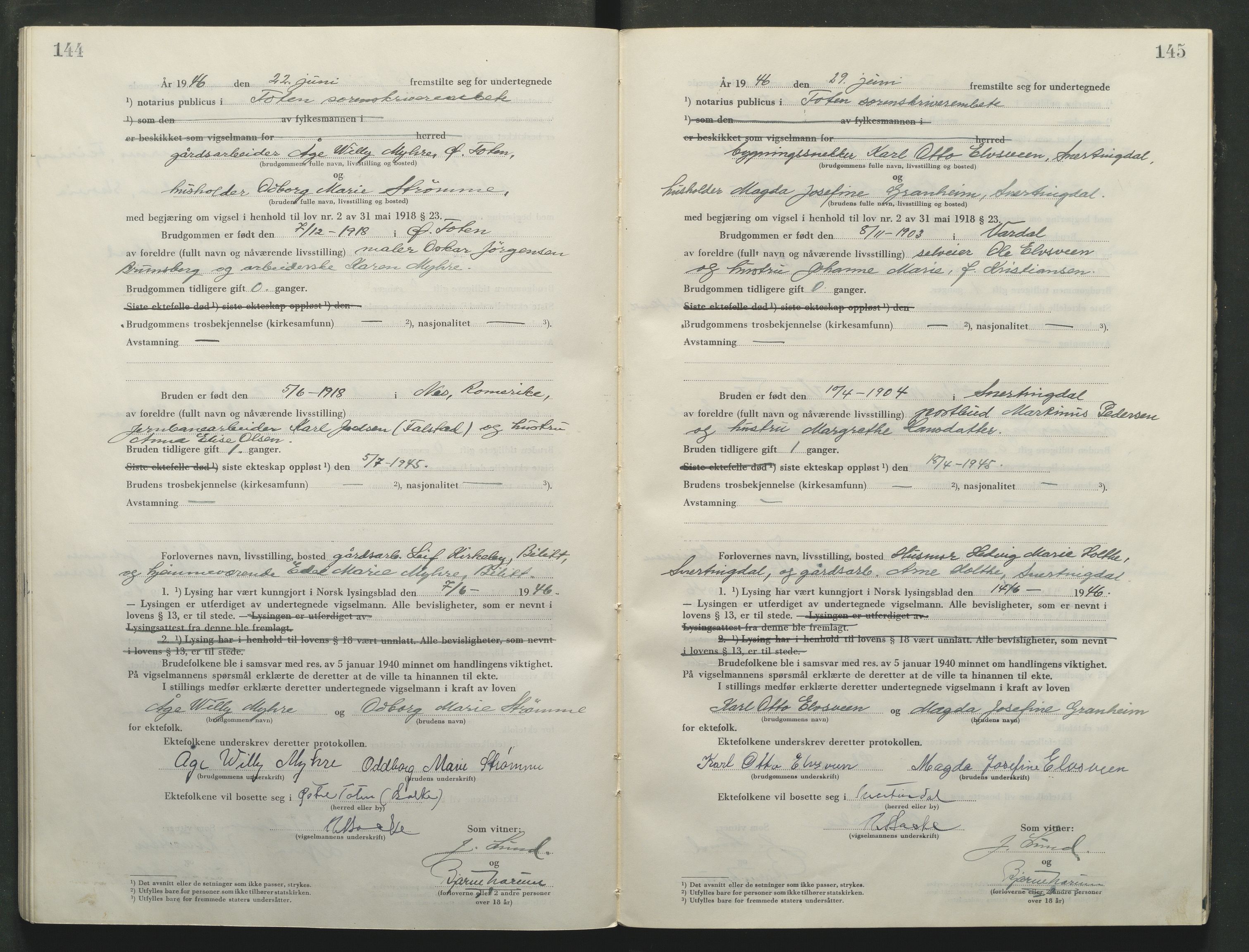 Toten tingrett, AV/SAH-TING-006/L/Lc/L0005: Vigselbok, 1944-1948, s. 144-145