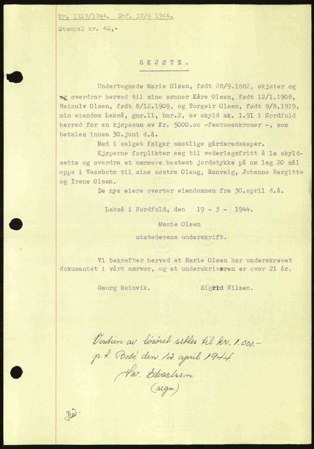 Salten sorenskriveri, SAT/A-4578/1/2/2C: Pantebok nr. A14-15, 1943-1945, Dagboknr: 1319/1944