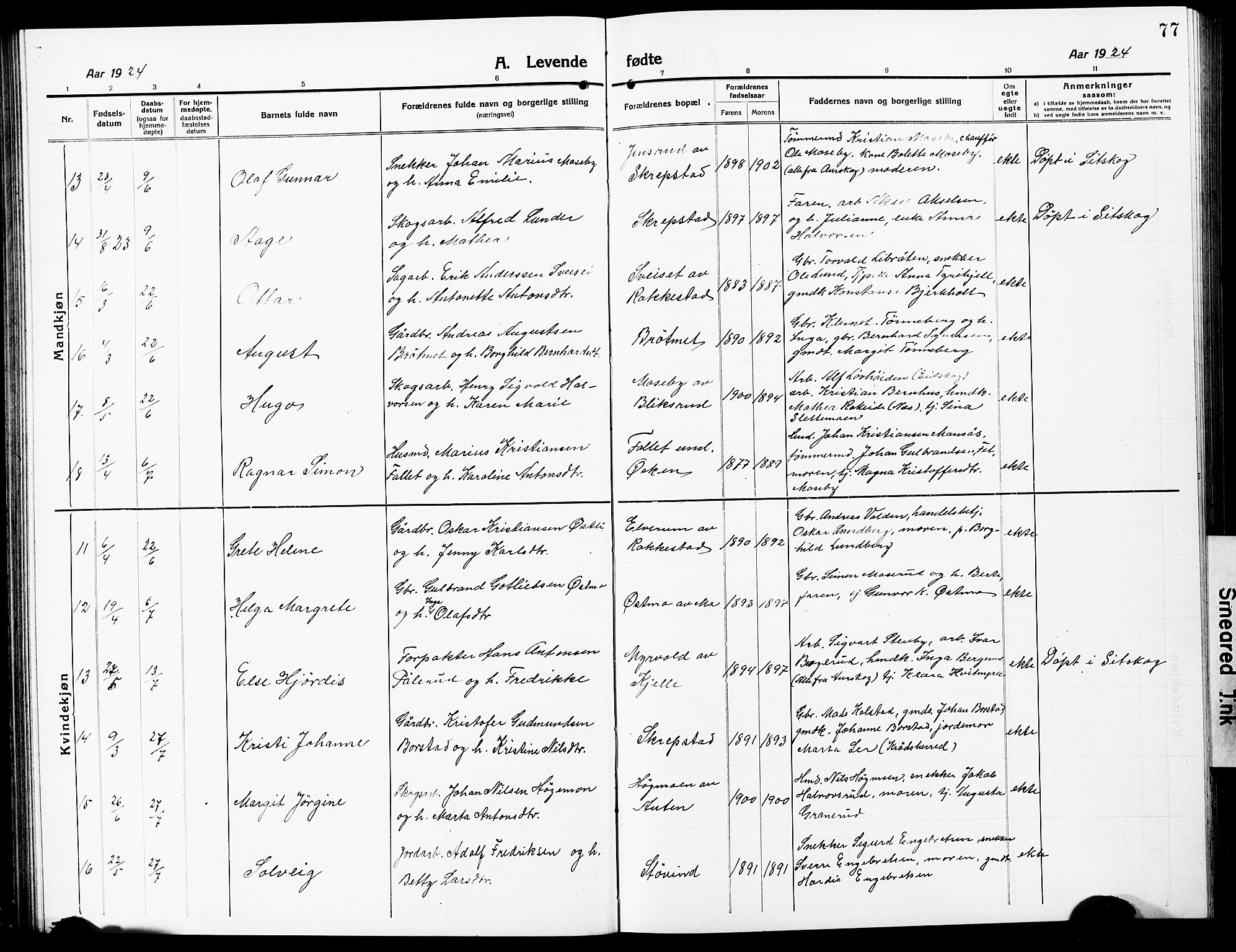 Høland prestekontor Kirkebøker, AV/SAO-A-10346a/G/Ga/L0008: Klokkerbok nr. I 8, 1915-1929, s. 77