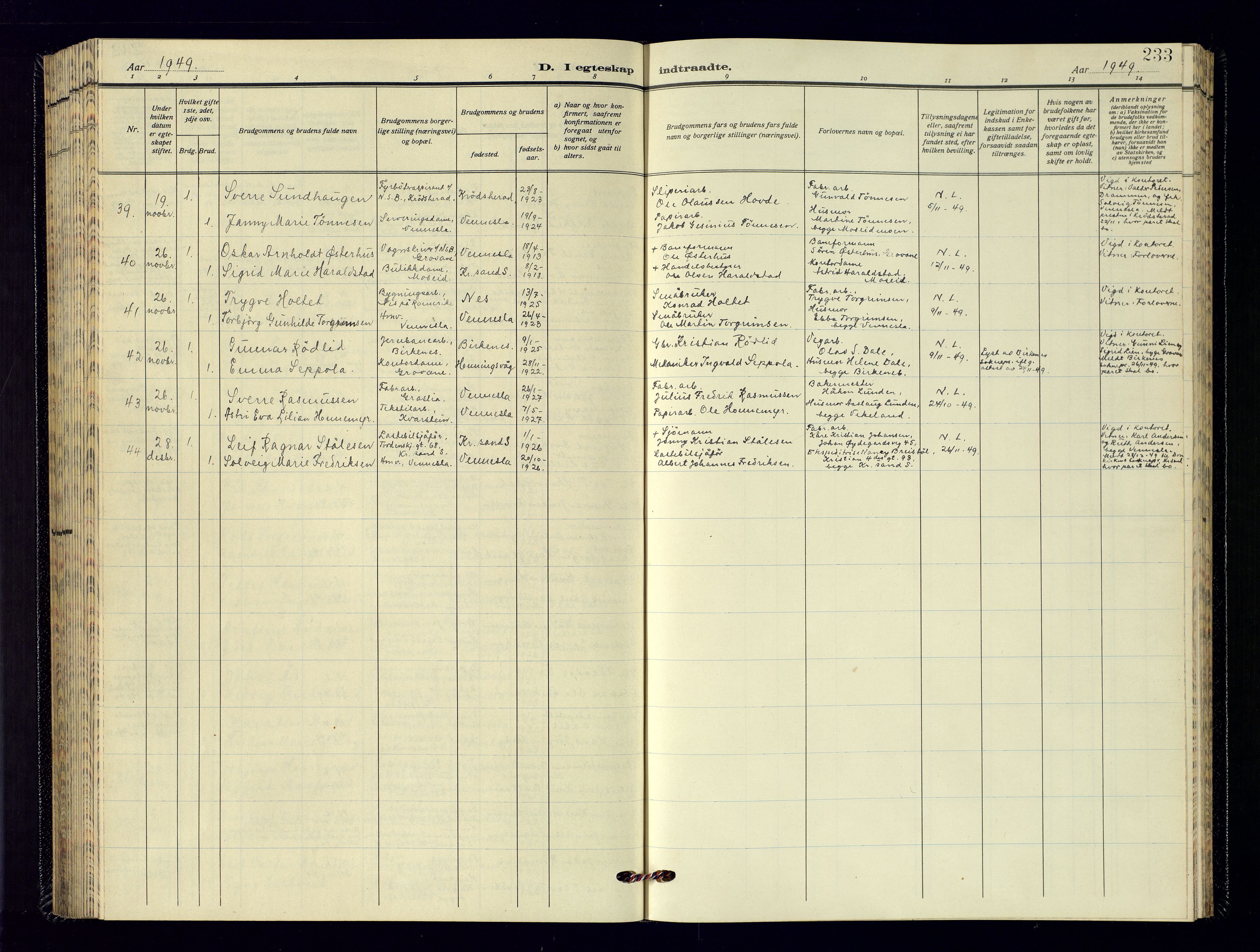 Vennesla sokneprestkontor, SAK/1111-0045/Fb/Fbb/L0009: Klokkerbok nr. B-9, 1948-1961, s. 233