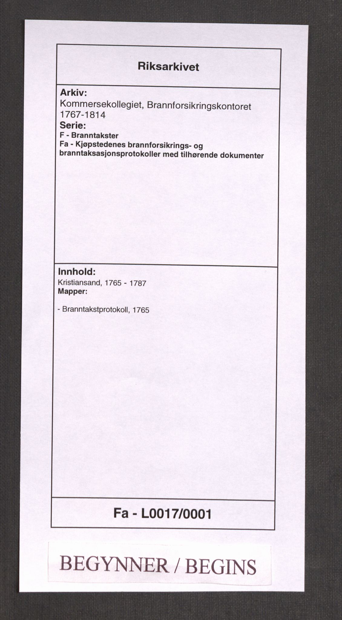 Kommersekollegiet, Brannforsikringskontoret 1767-1814, RA/EA-5458/F/Fa/L0017/0001: Kristiansand / Branntakstprotokoll, 1765