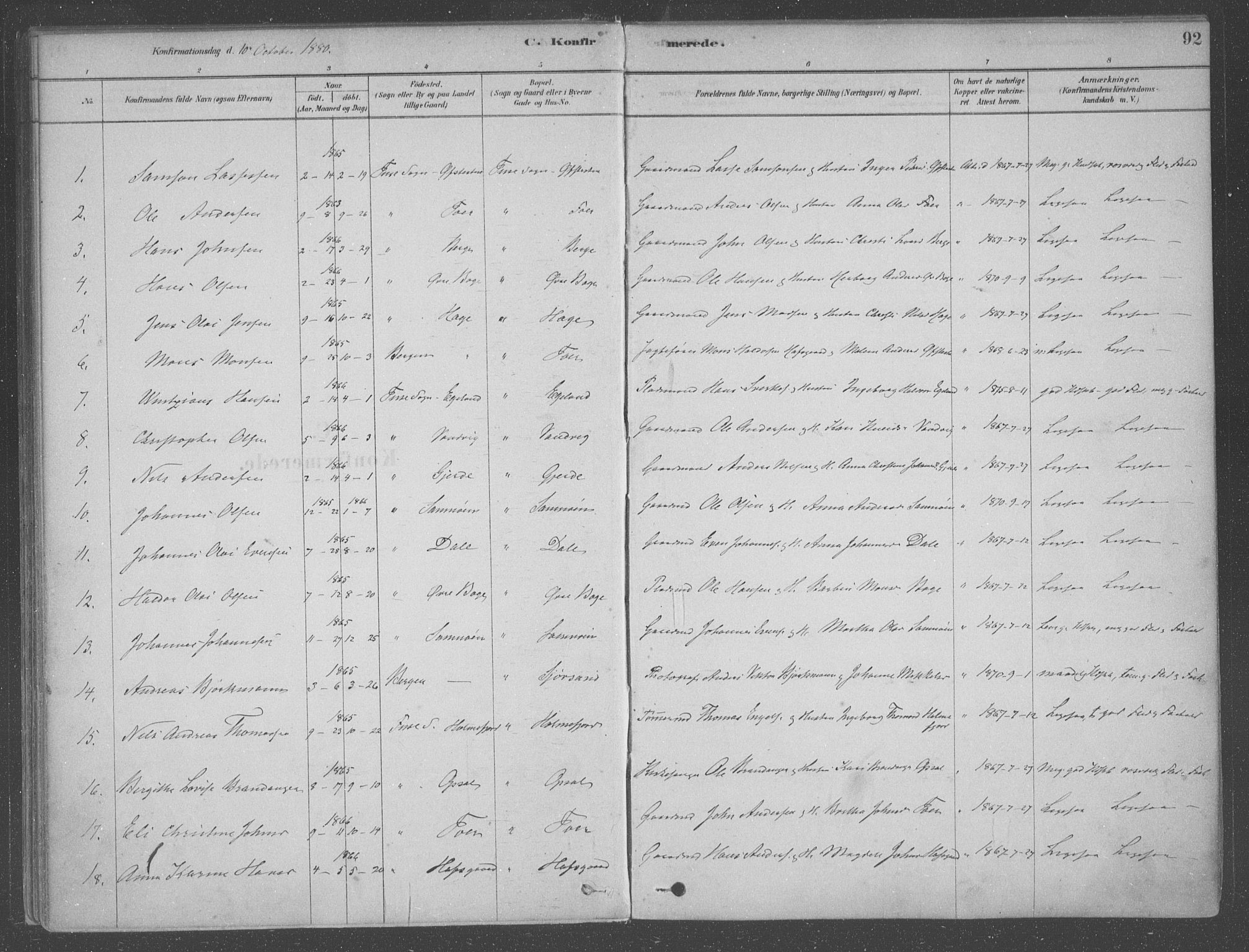 Fusa sokneprestembete, AV/SAB-A-75401/H/Haa: Ministerialbok nr. B 1, 1880-1938, s. 92