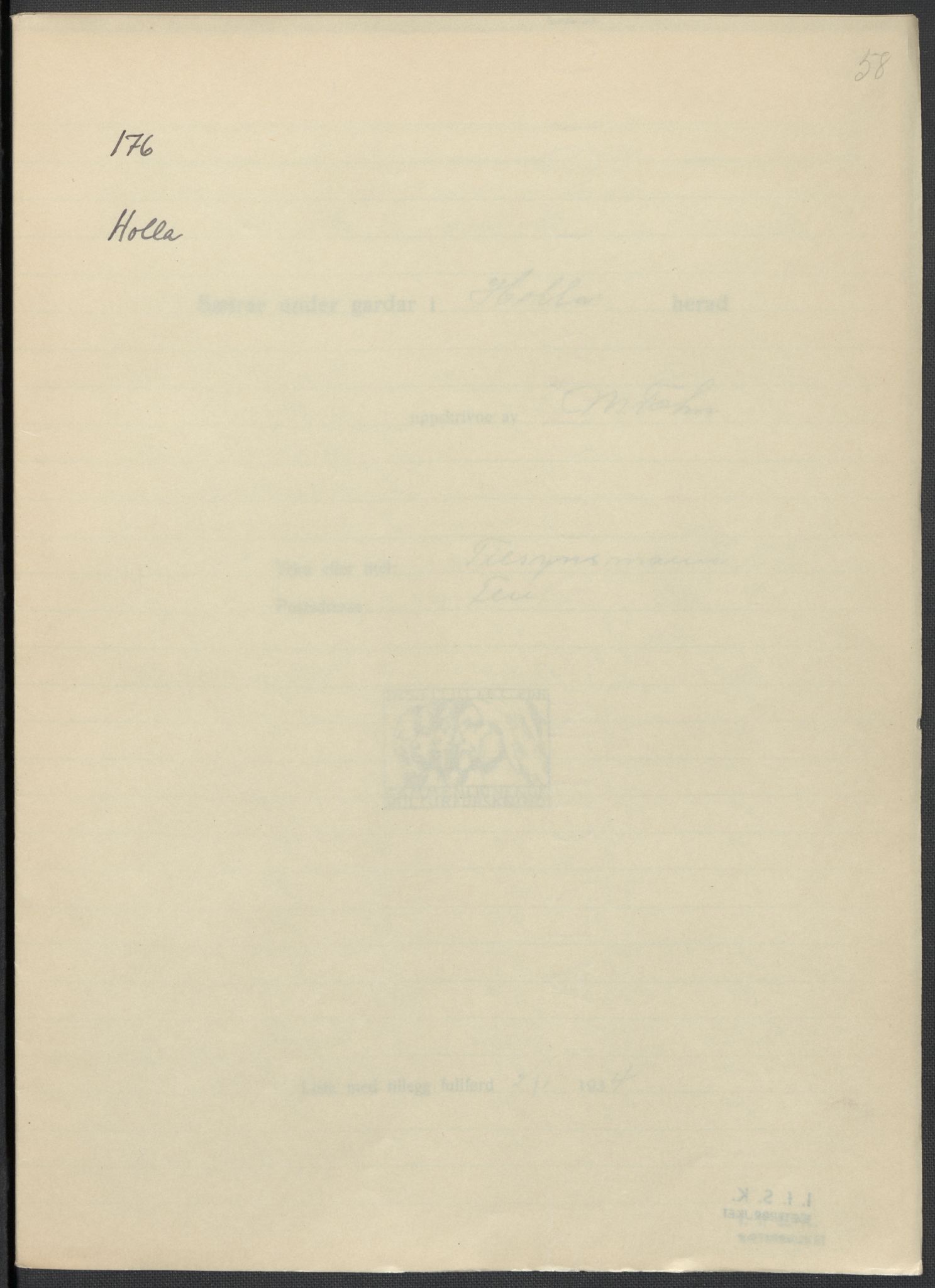 Instituttet for sammenlignende kulturforskning, AV/RA-PA-0424/F/Fc/L0007/0001: Eske B7: / Telemark (perm XVI), 1934-1936, s. 58
