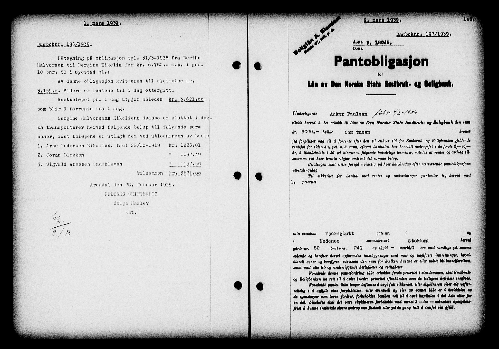 Nedenes sorenskriveri, SAK/1221-0006/G/Gb/Gba/L0046: Pantebok nr. 42, 1938-1939, Dagboknr: 197/1939