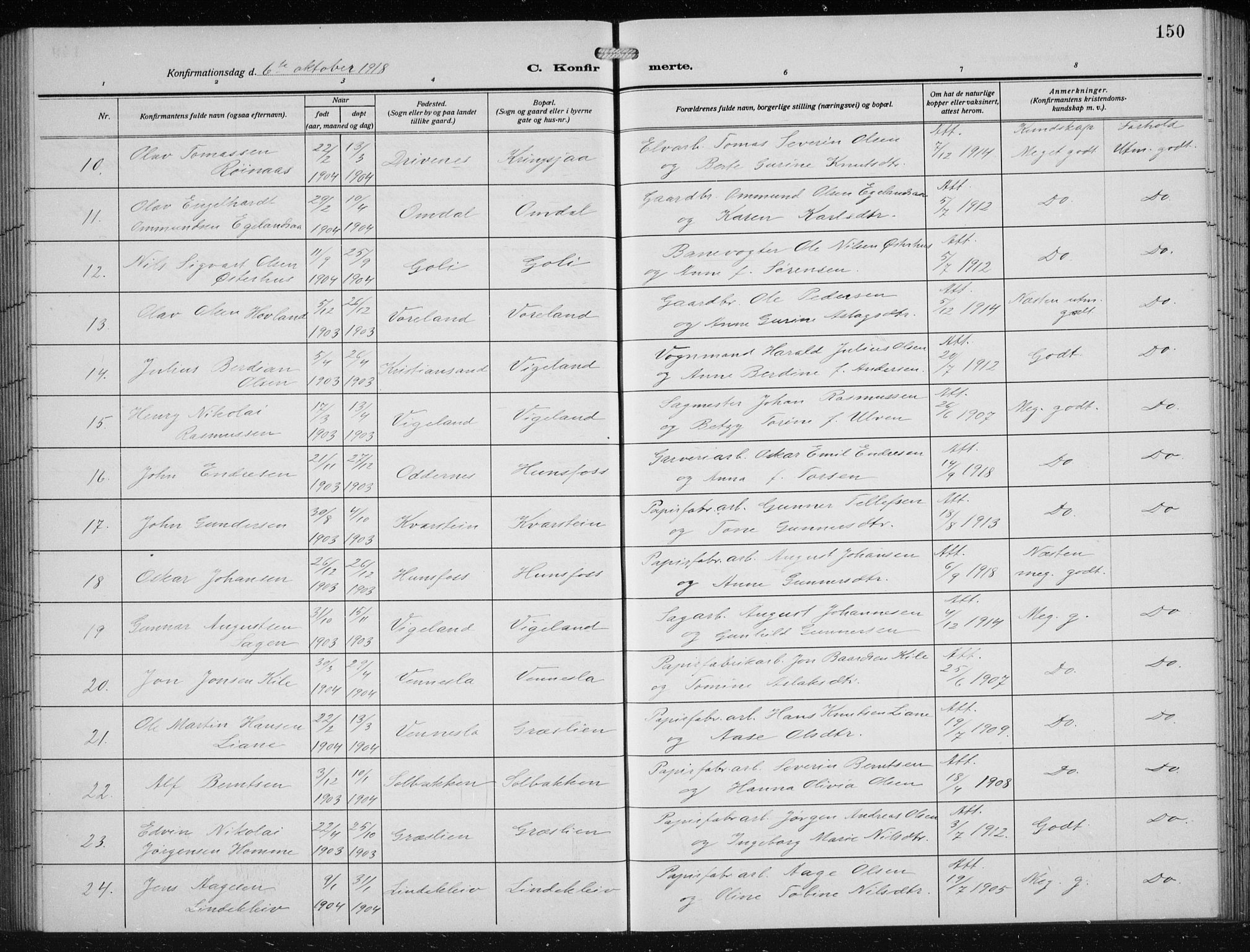 Vennesla sokneprestkontor, AV/SAK-1111-0045/Fb/Fbb/L0006: Klokkerbok nr. B 6, 1914-1921, s. 150