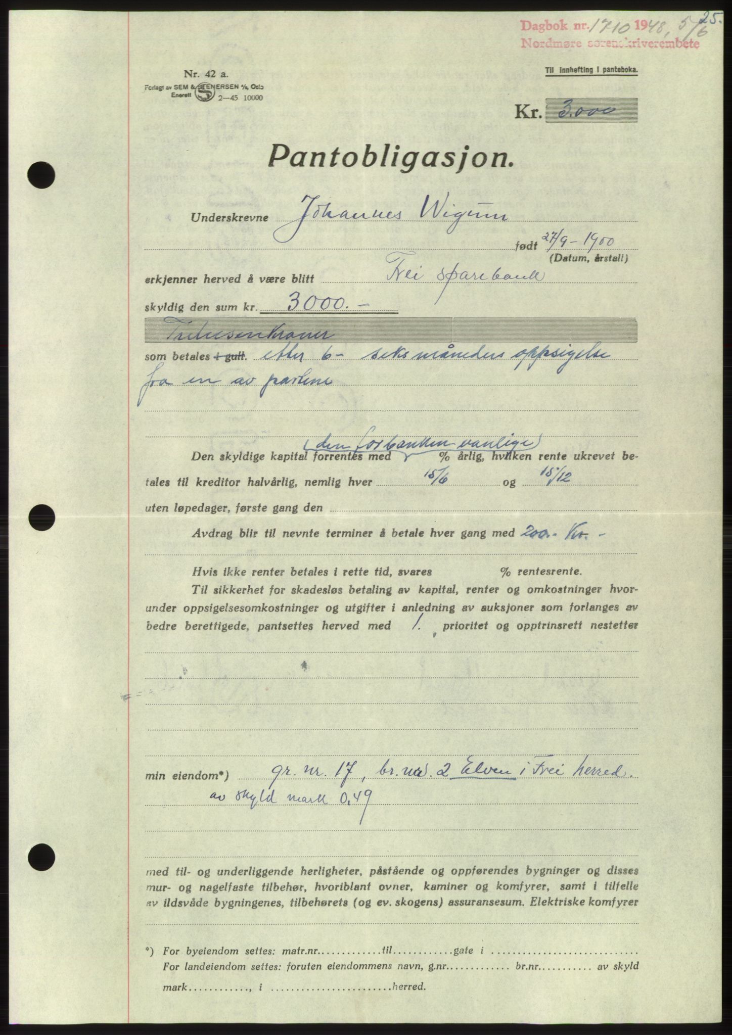Nordmøre sorenskriveri, SAT/A-4132/1/2/2Ca: Pantebok nr. B99, 1948-1948, Dagboknr: 1710/1948