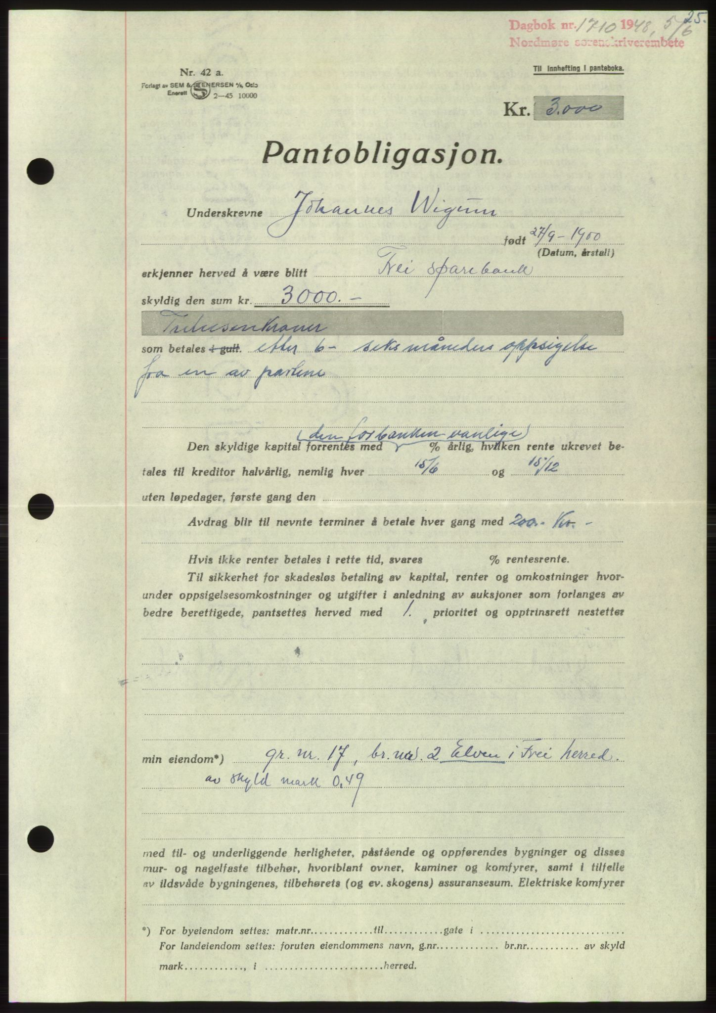 Nordmøre sorenskriveri, AV/SAT-A-4132/1/2/2Ca: Pantebok nr. B99, 1948-1948, Dagboknr: 1710/1948