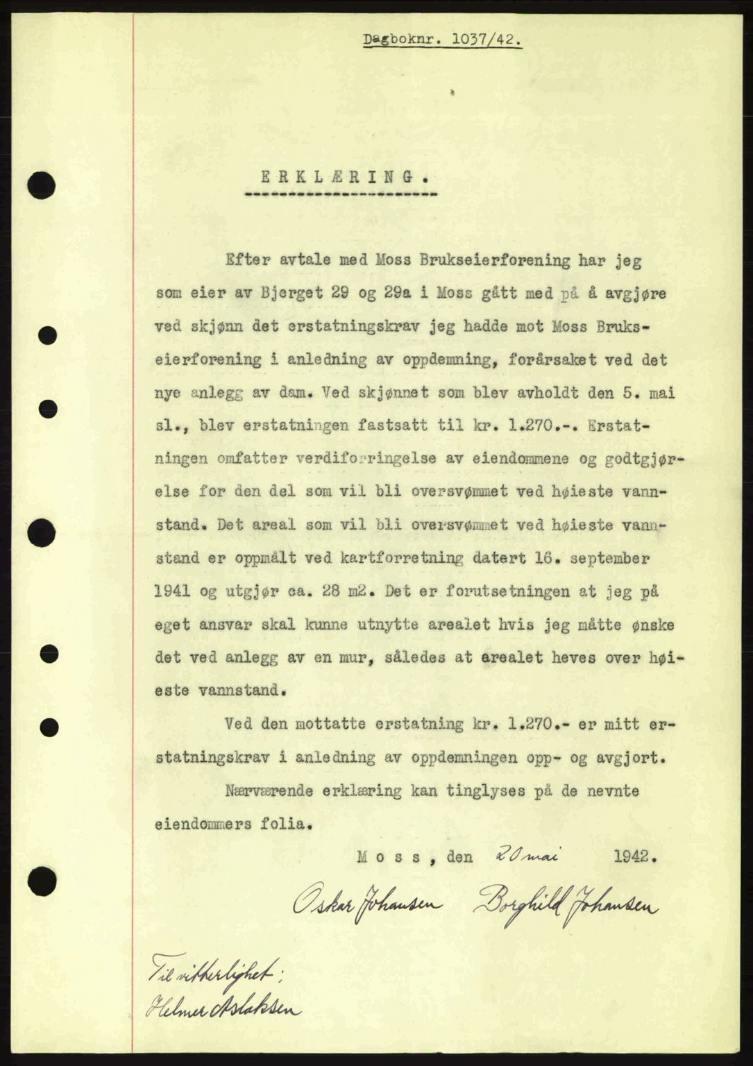 Moss sorenskriveri, SAO/A-10168: Pantebok nr. A9, 1941-1942, Dagboknr: 1037/1942