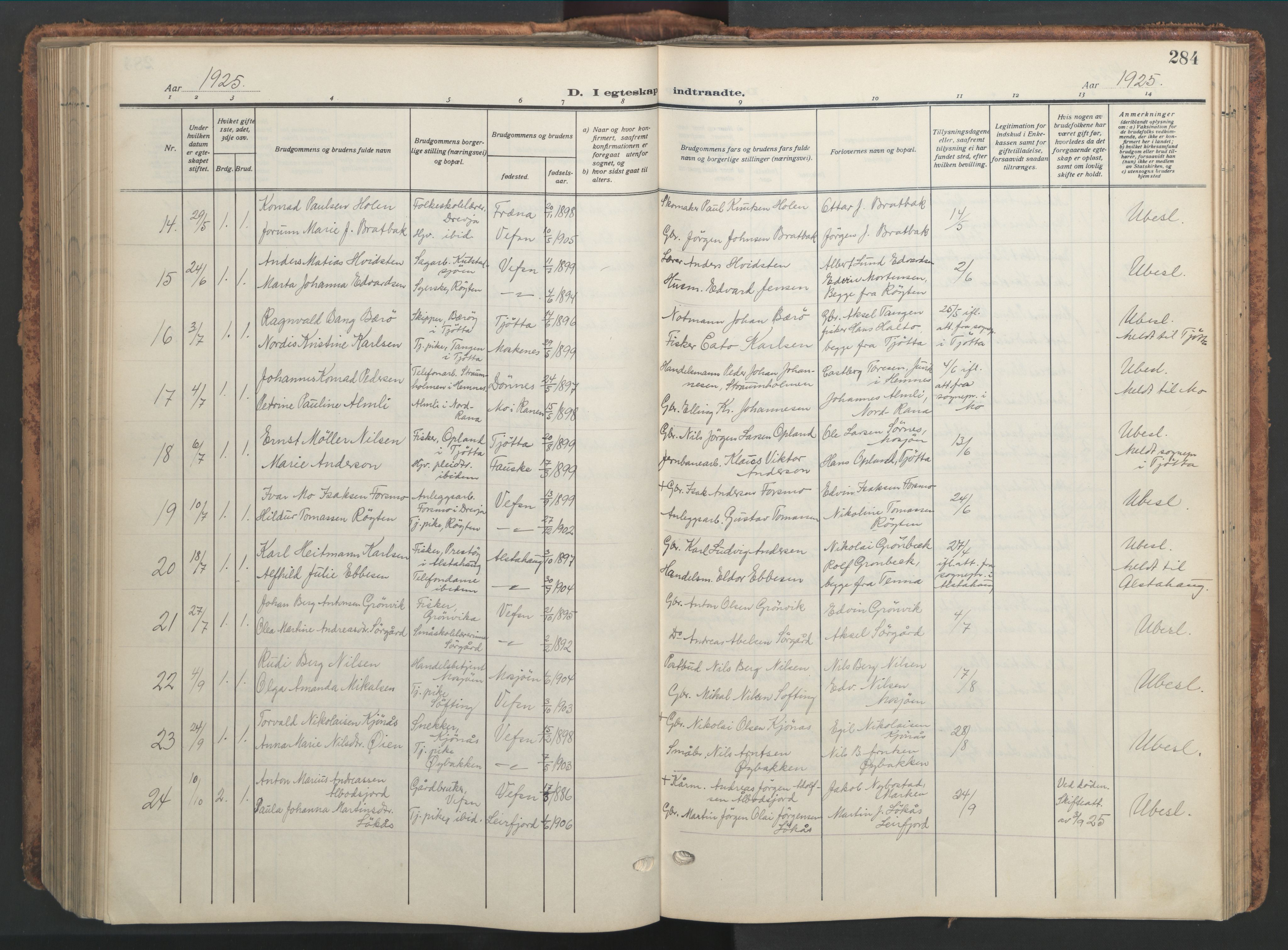 Ministerialprotokoller, klokkerbøker og fødselsregistre - Nordland, AV/SAT-A-1459/820/L0302: Klokkerbok nr. 820C04, 1917-1948, s. 284