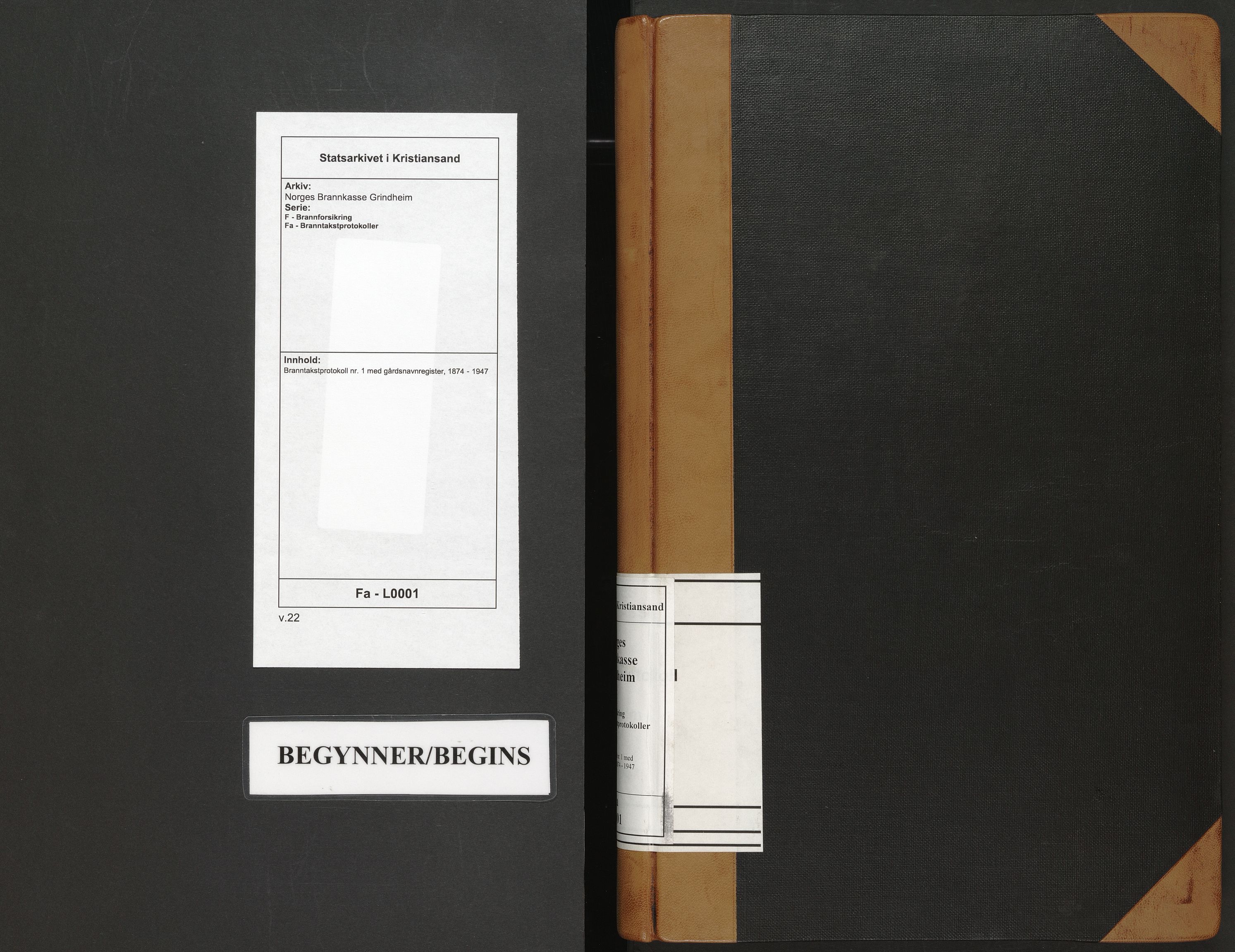 Norges Brannkasse Grindheim, SAK/2241-0019/F/Fa/L0001: Branntakstprotokoll nr. 1 med gårdsnavnregister, 1874-1947