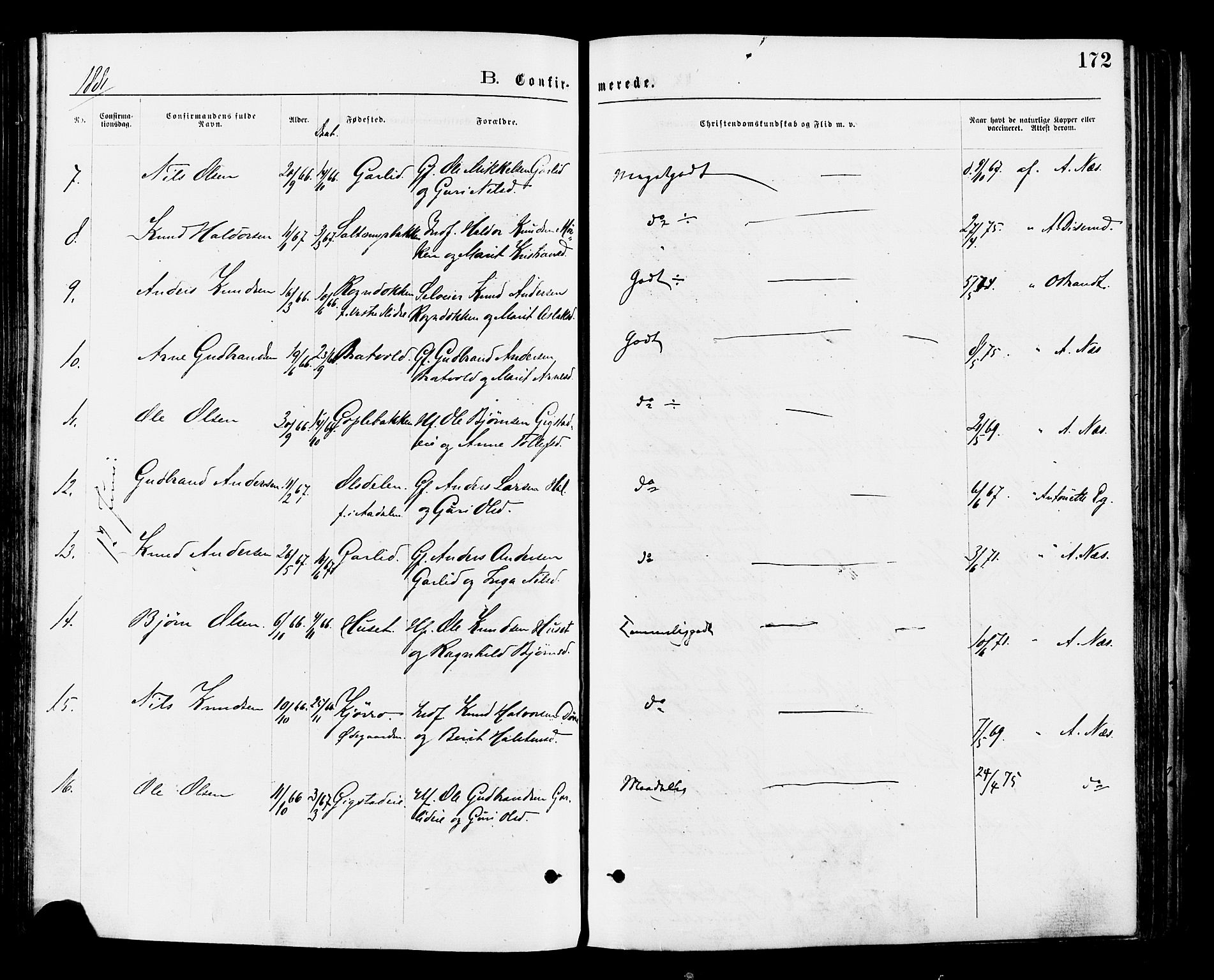 Nord-Aurdal prestekontor, AV/SAH-PREST-132/H/Ha/Haa/L0009: Ministerialbok nr. 9, 1876-1882, s. 172
