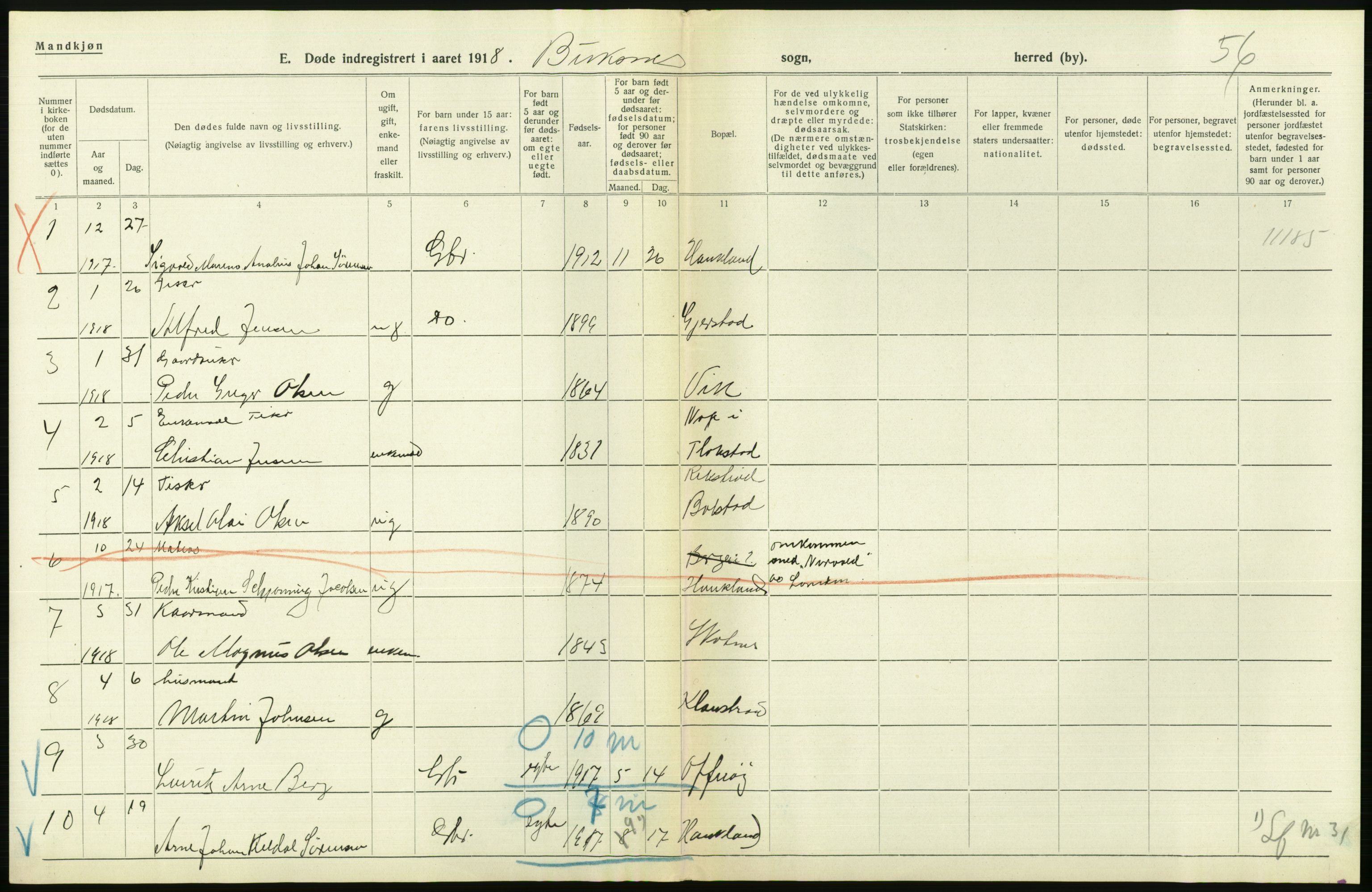 Statistisk sentralbyrå, Sosiodemografiske emner, Befolkning, AV/RA-S-2228/D/Df/Dfb/Dfbh/L0055: Nordland fylke: Døde. Bygder og byer., 1918, s. 426