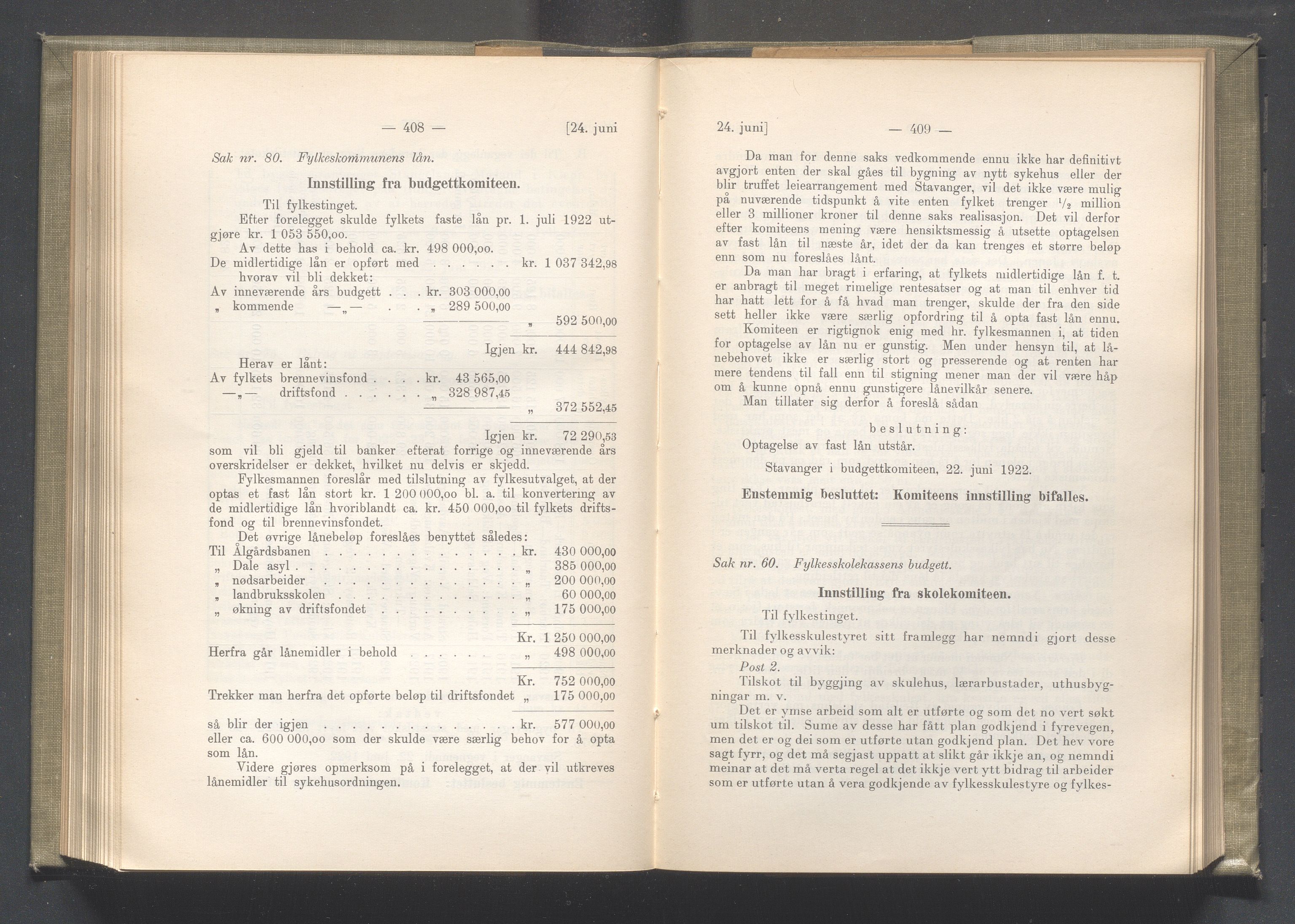 Rogaland fylkeskommune - Fylkesrådmannen , IKAR/A-900/A/Aa/Aaa/L0041: Møtebok , 1922, s. 408-409