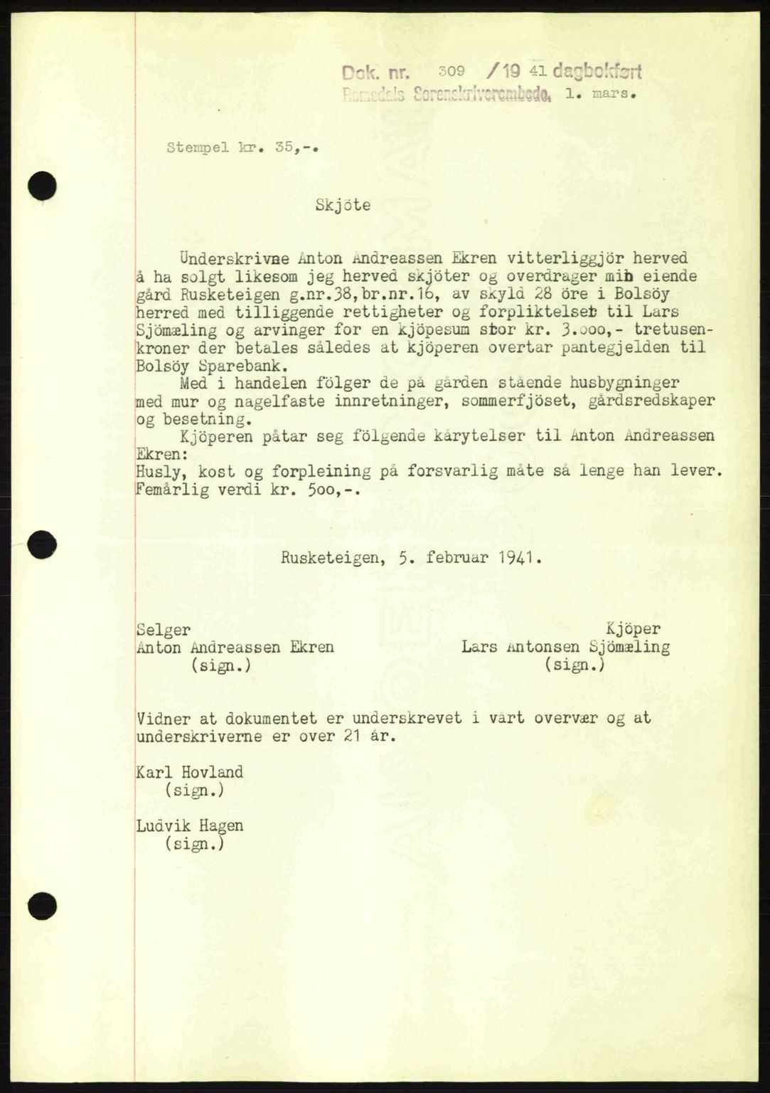 Romsdal sorenskriveri, SAT/A-4149/1/2/2C: Pantebok nr. A9, 1940-1941, Dagboknr: 309/1941