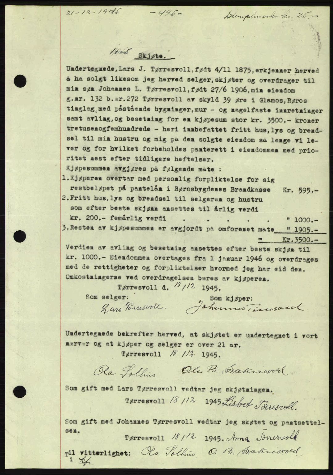 Gauldal sorenskriveri, SAT/A-0014/1/2/2C: Pantebok nr. A1a, 1945-1945, Dagboknr: 1005/1945