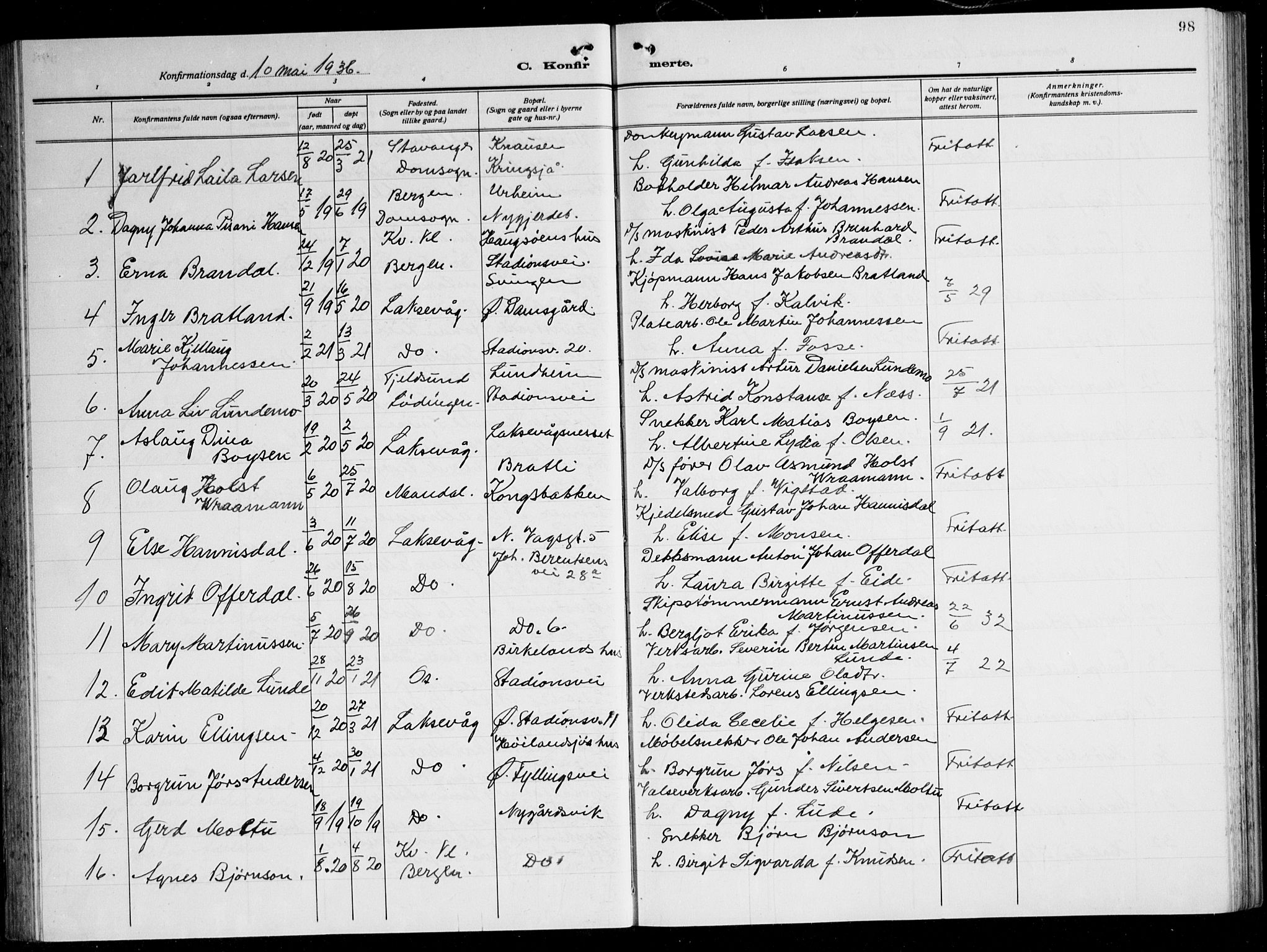 Laksevåg Sokneprestembete, AV/SAB-A-76501/H/Ha/Hab/Haba: Klokkerbok nr. A 10, 1925-1942, s. 98