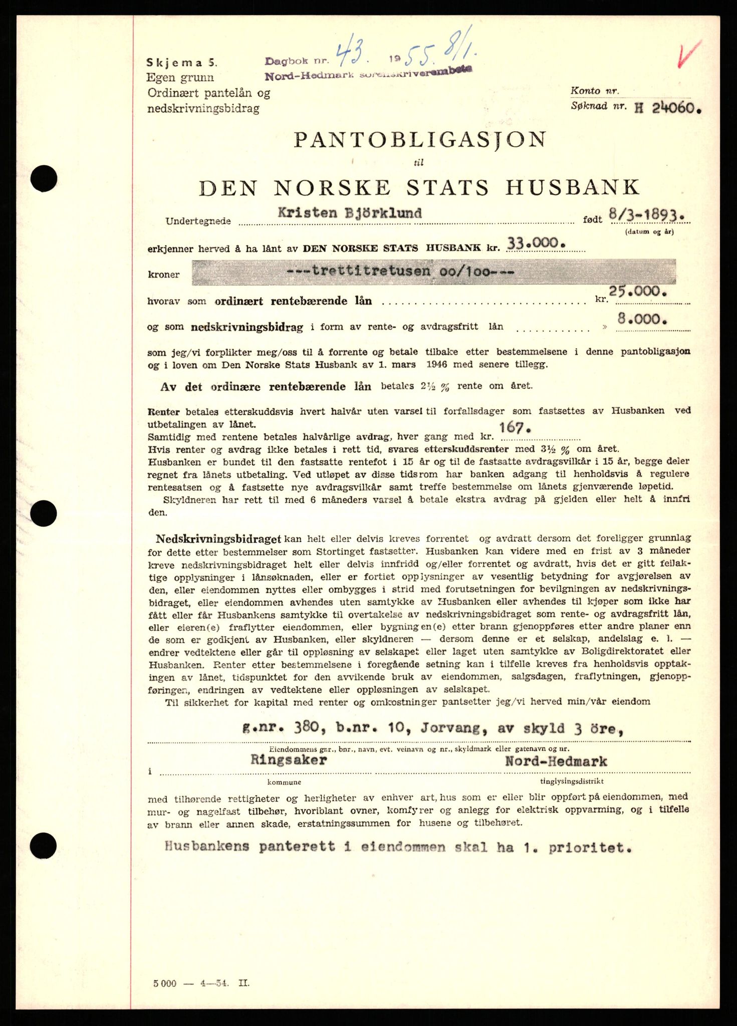 Nord-Hedmark sorenskriveri, SAH/TING-012/H/Hb/Hbf/L0032: Pantebok nr. B32, 1955-1955, Dagboknr: 43/1952
