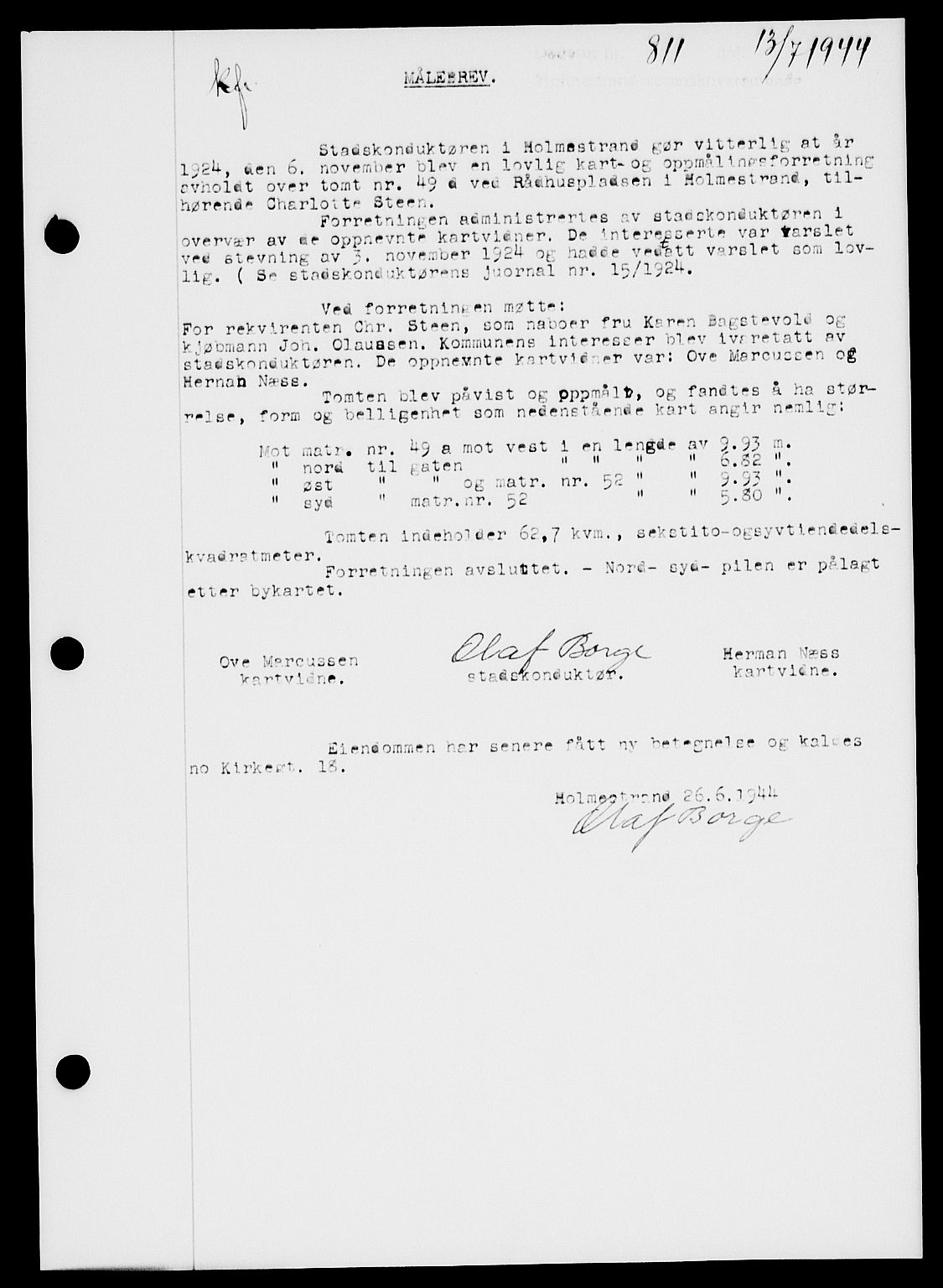 Holmestrand sorenskriveri, SAKO/A-67/G/Ga/Gaa/L0058: Pantebok nr. A-58, 1944-1944, Dagboknr: 811/1944