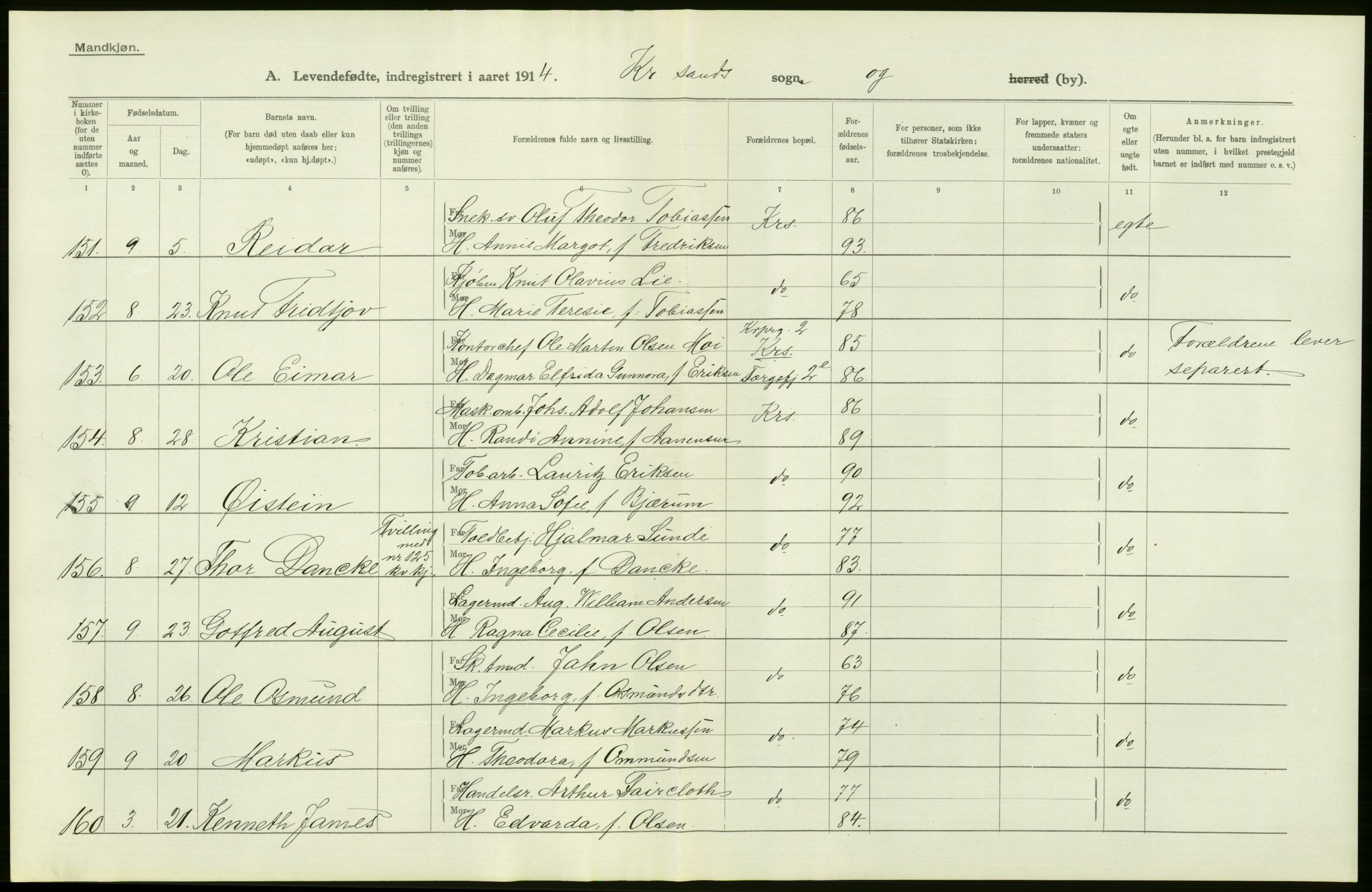 Statistisk sentralbyrå, Sosiodemografiske emner, Befolkning, AV/RA-S-2228/D/Df/Dfb/Dfbd/L0022: Lister og Mandals amt: Levendefødte menn og kvinner, samt gifte. Bygder og byer., 1914, s. 80