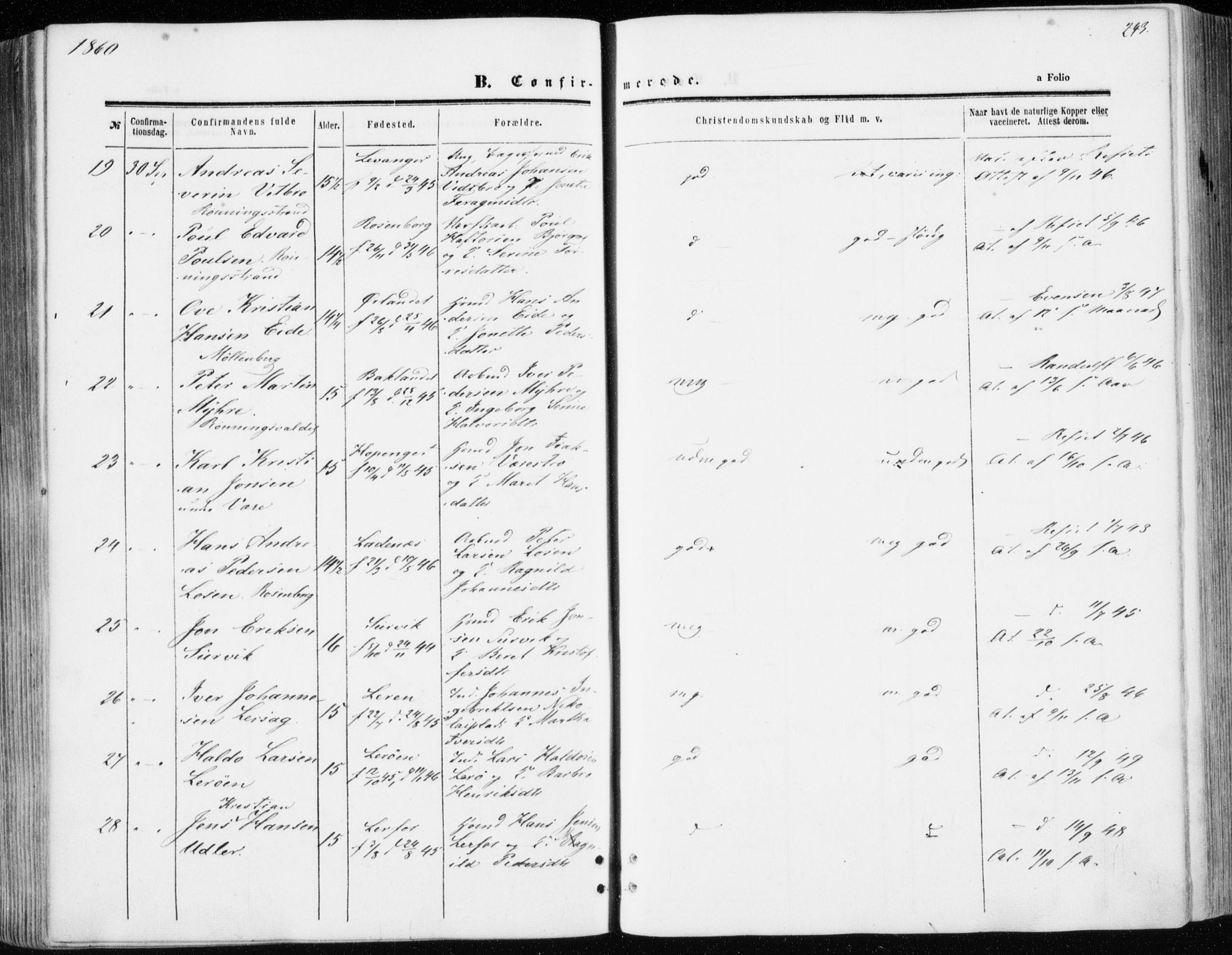 Ministerialprotokoller, klokkerbøker og fødselsregistre - Sør-Trøndelag, SAT/A-1456/606/L0292: Ministerialbok nr. 606A07, 1856-1865, s. 243