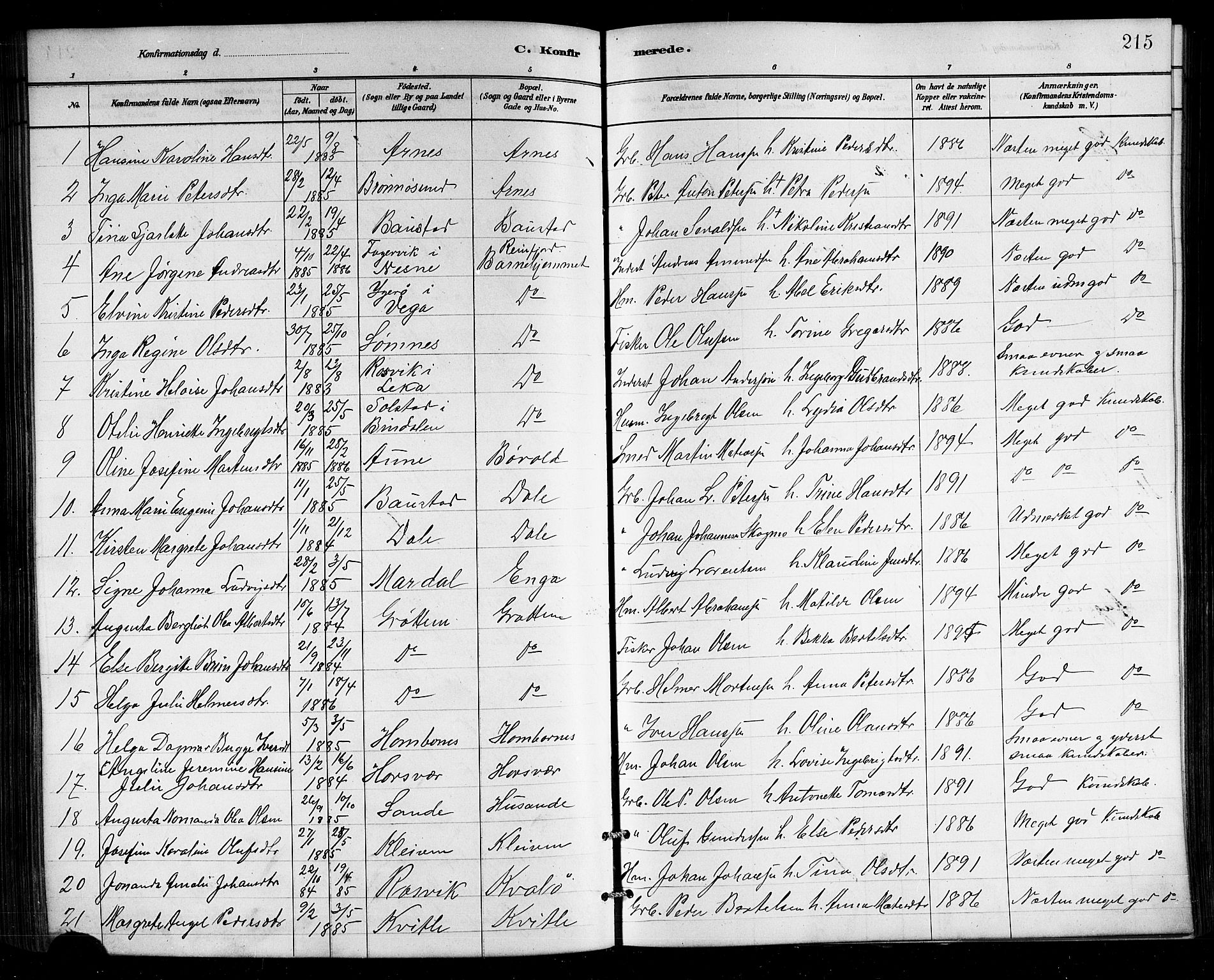 Ministerialprotokoller, klokkerbøker og fødselsregistre - Nordland, AV/SAT-A-1459/812/L0188: Klokkerbok nr. 812C06, 1884-1912, s. 215