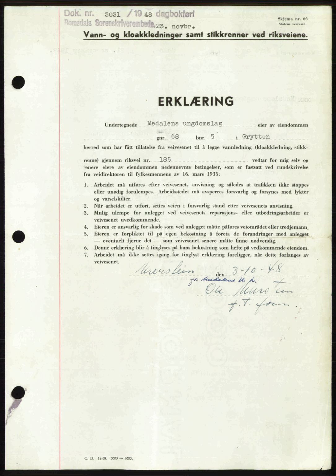 Romsdal sorenskriveri, SAT/A-4149/1/2/2C: Pantebok nr. A27, 1948-1948, Dagboknr: 3031/1948