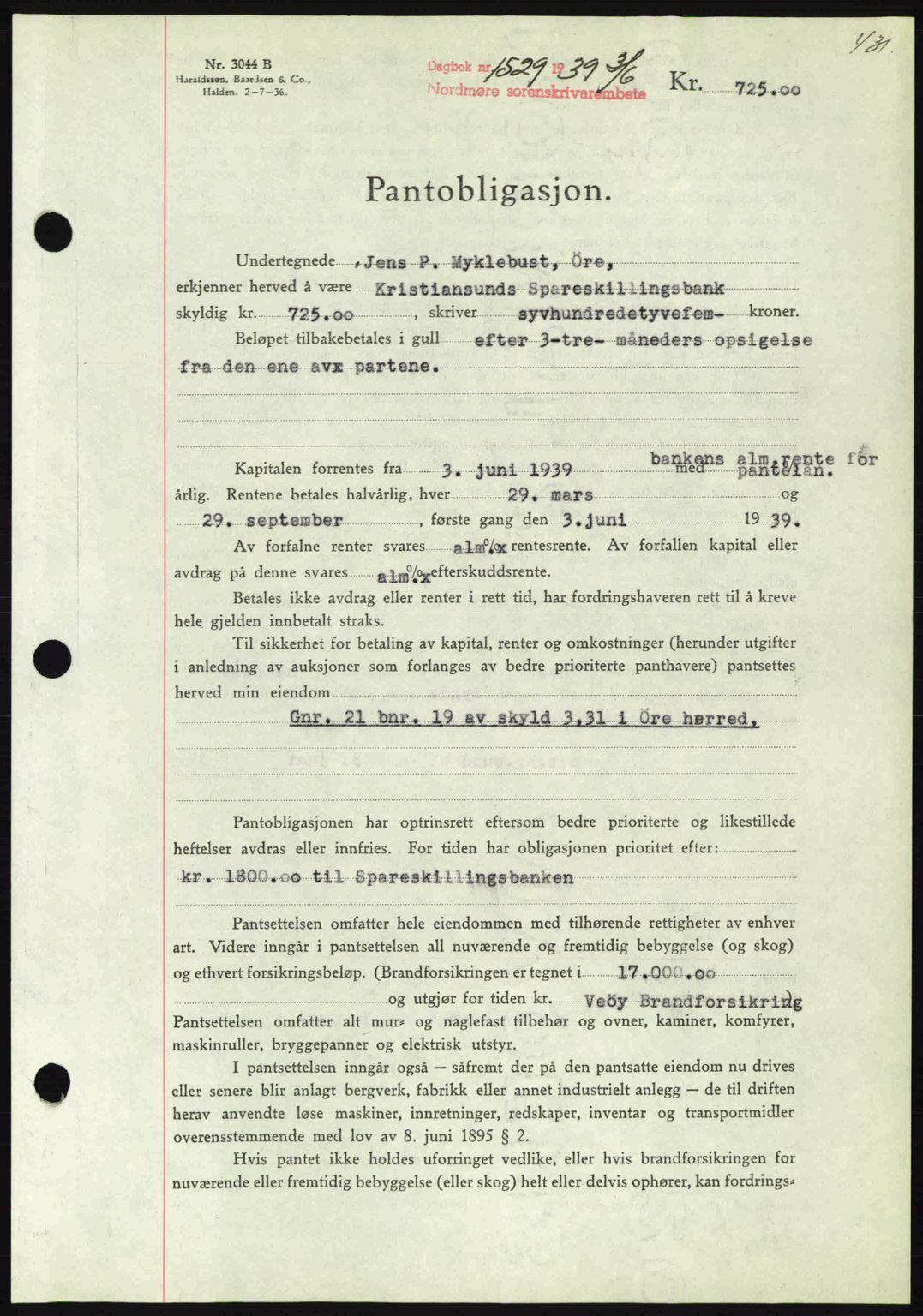 Nordmøre sorenskriveri, SAT/A-4132/1/2/2Ca: Pantebok nr. B85, 1939-1939, Dagboknr: 1529/1939