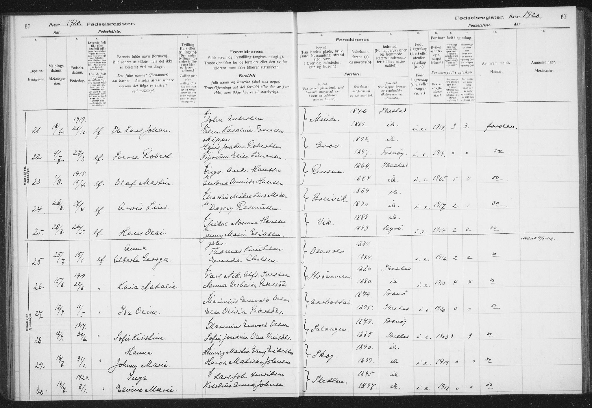 Ibestad sokneprestembete, AV/SATØ-S-0077/I/Ic/L0061: Fødselsregister nr. 61, 1917-1929, s. 67