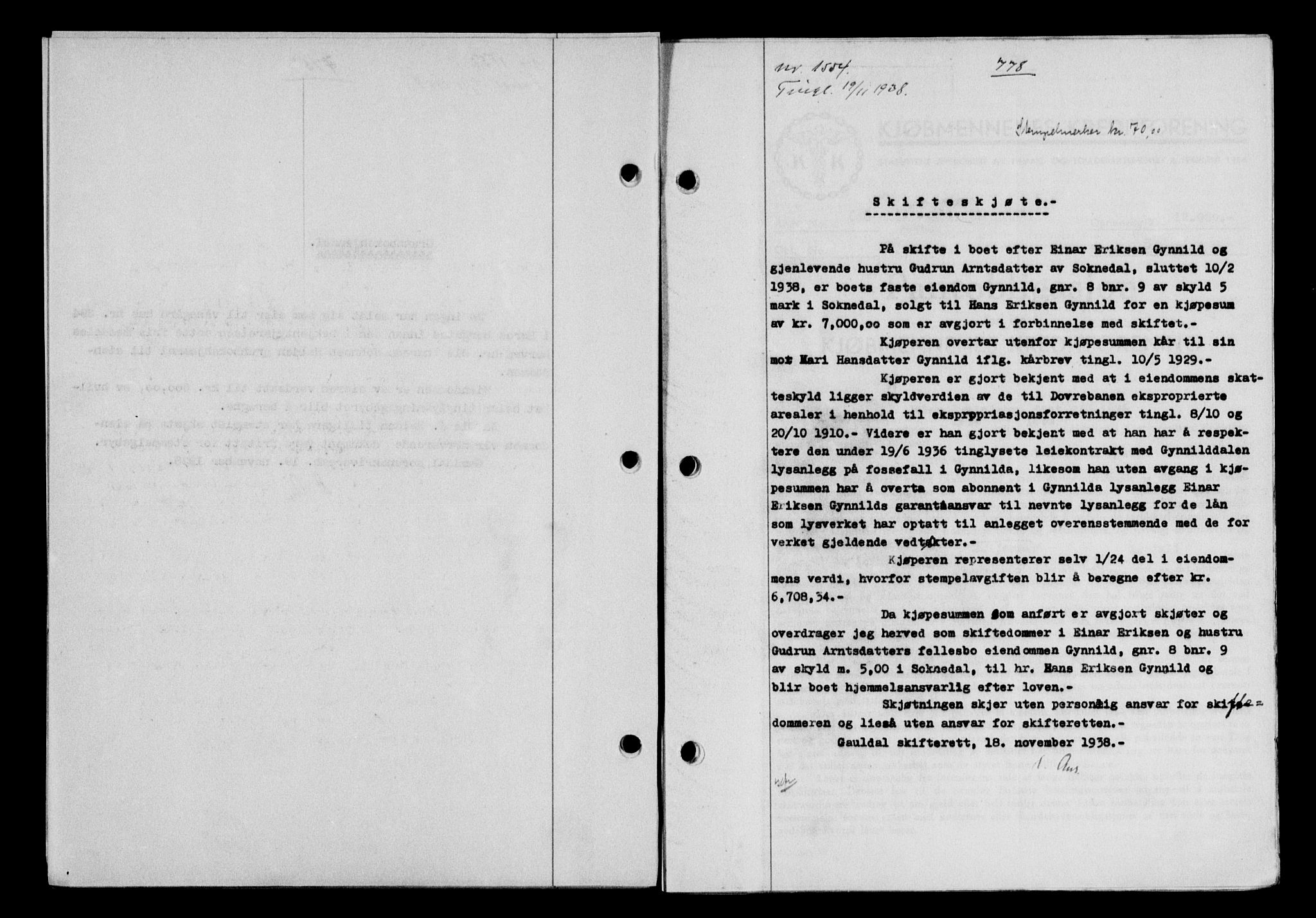 Gauldal sorenskriveri, SAT/A-0014/1/2/2C/L0049: Pantebok nr. 53, 1938-1938, Dagboknr: 1554/1938