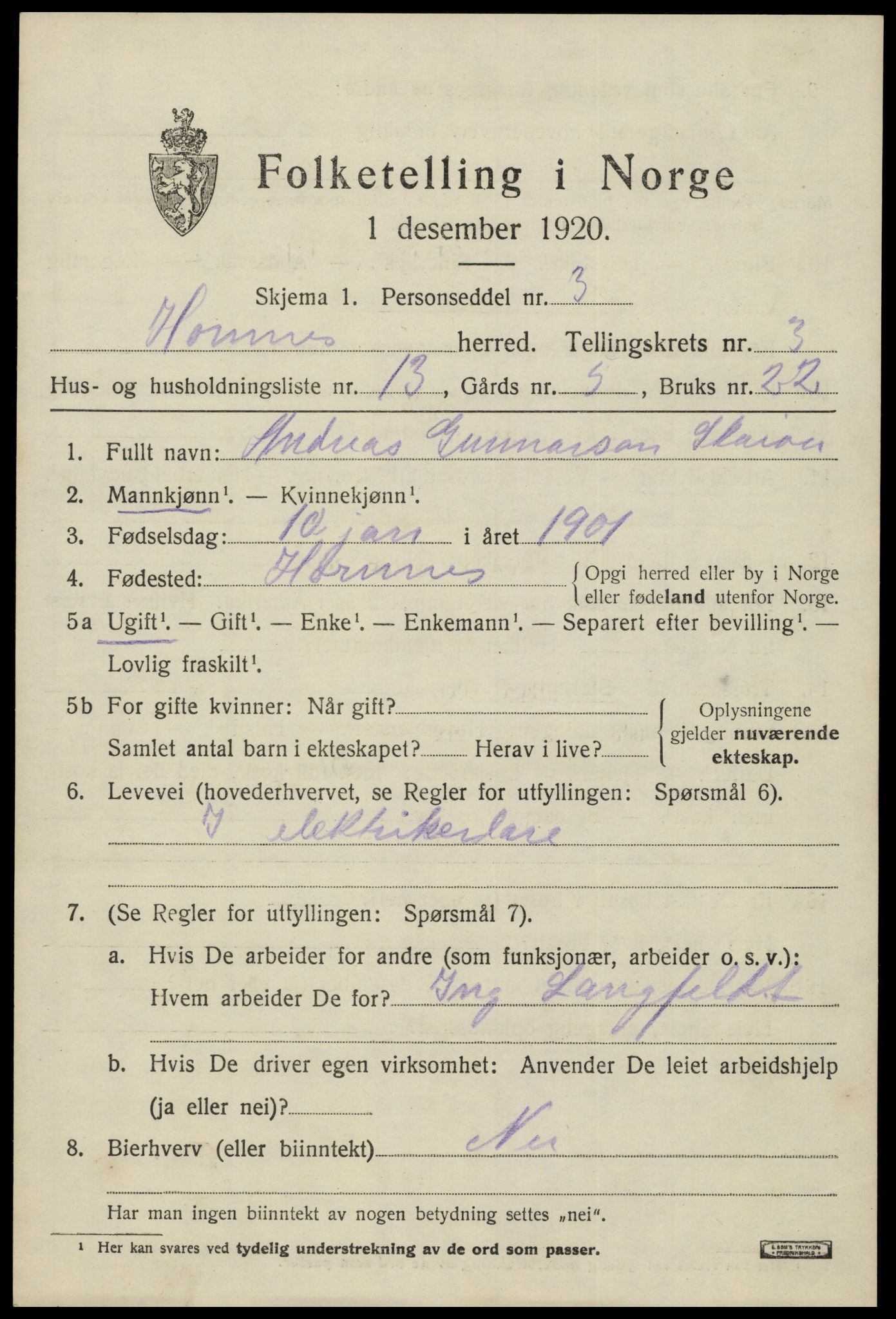 SAK, Folketelling 1920 for 0936 Hornnes herred, 1920, s. 947