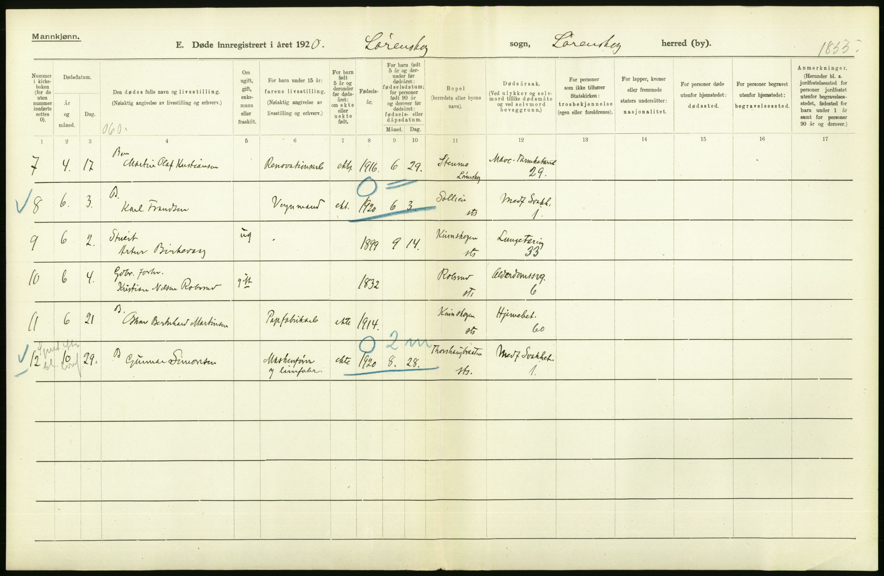 Statistisk sentralbyrå, Sosiodemografiske emner, Befolkning, AV/RA-S-2228/D/Df/Dfb/Dfbj/L0007: Akershus fylke: Døde. Bygder og byer., 1920, s. 182